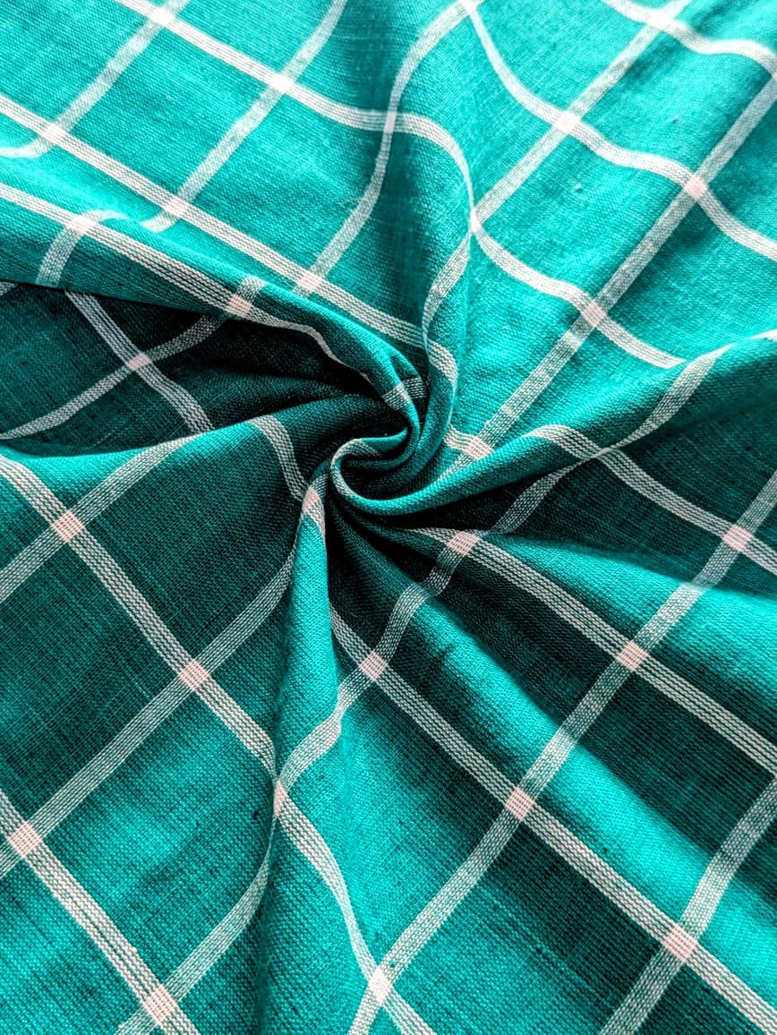 Running Fabric- Green Mercerised cotton with White checks