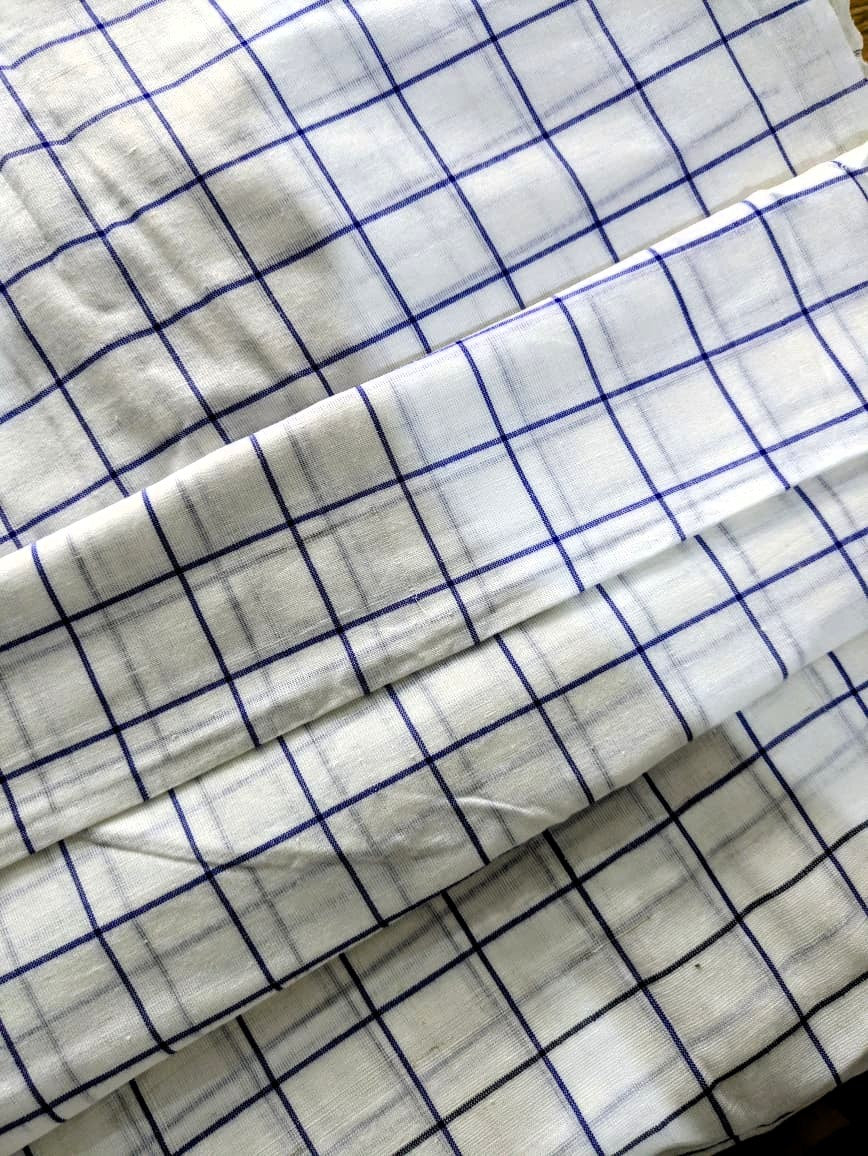 Running Fabric- White Mercerised cotton with Blue checks