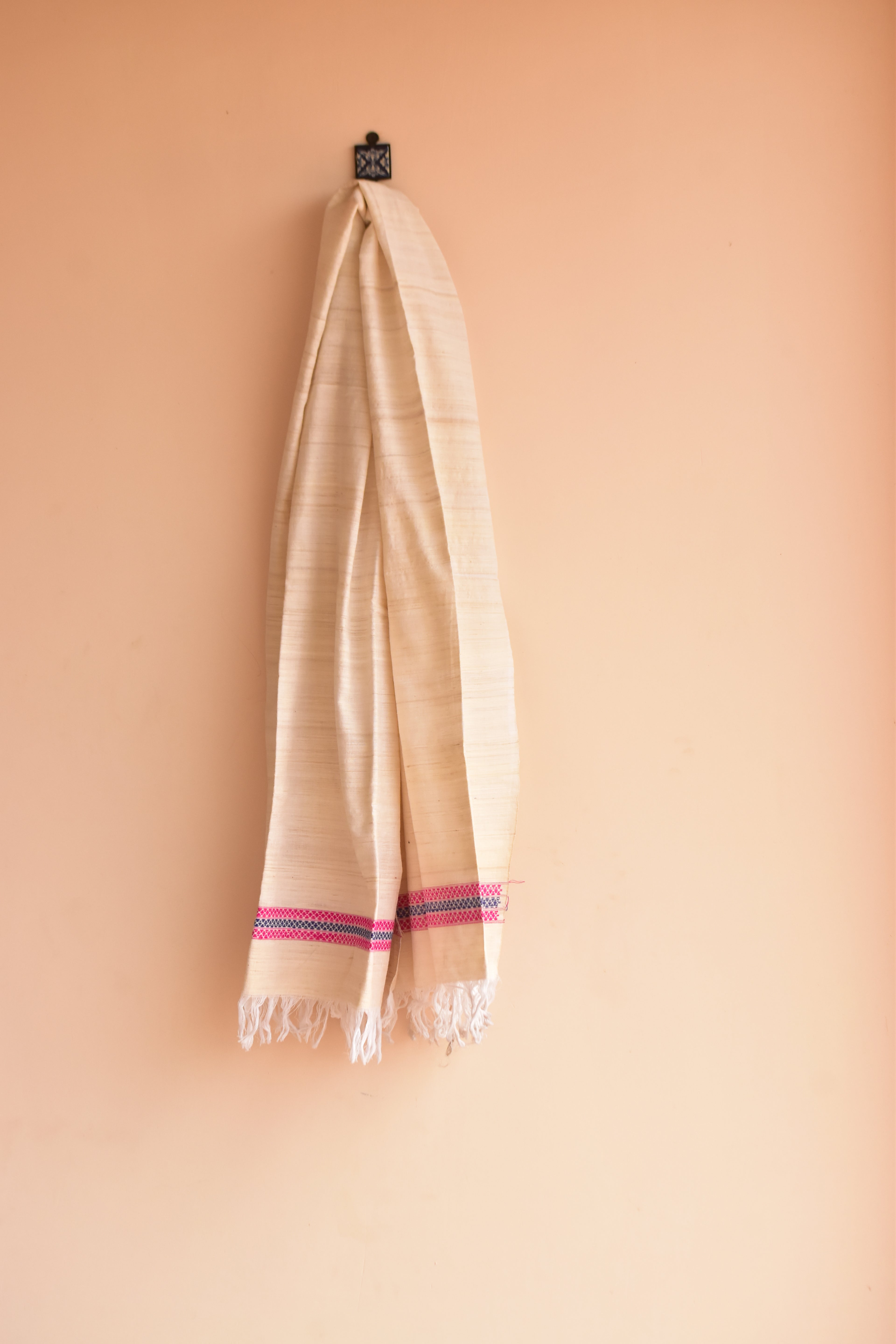 Cotton + Eri Dupatta - Pink & Navy Border