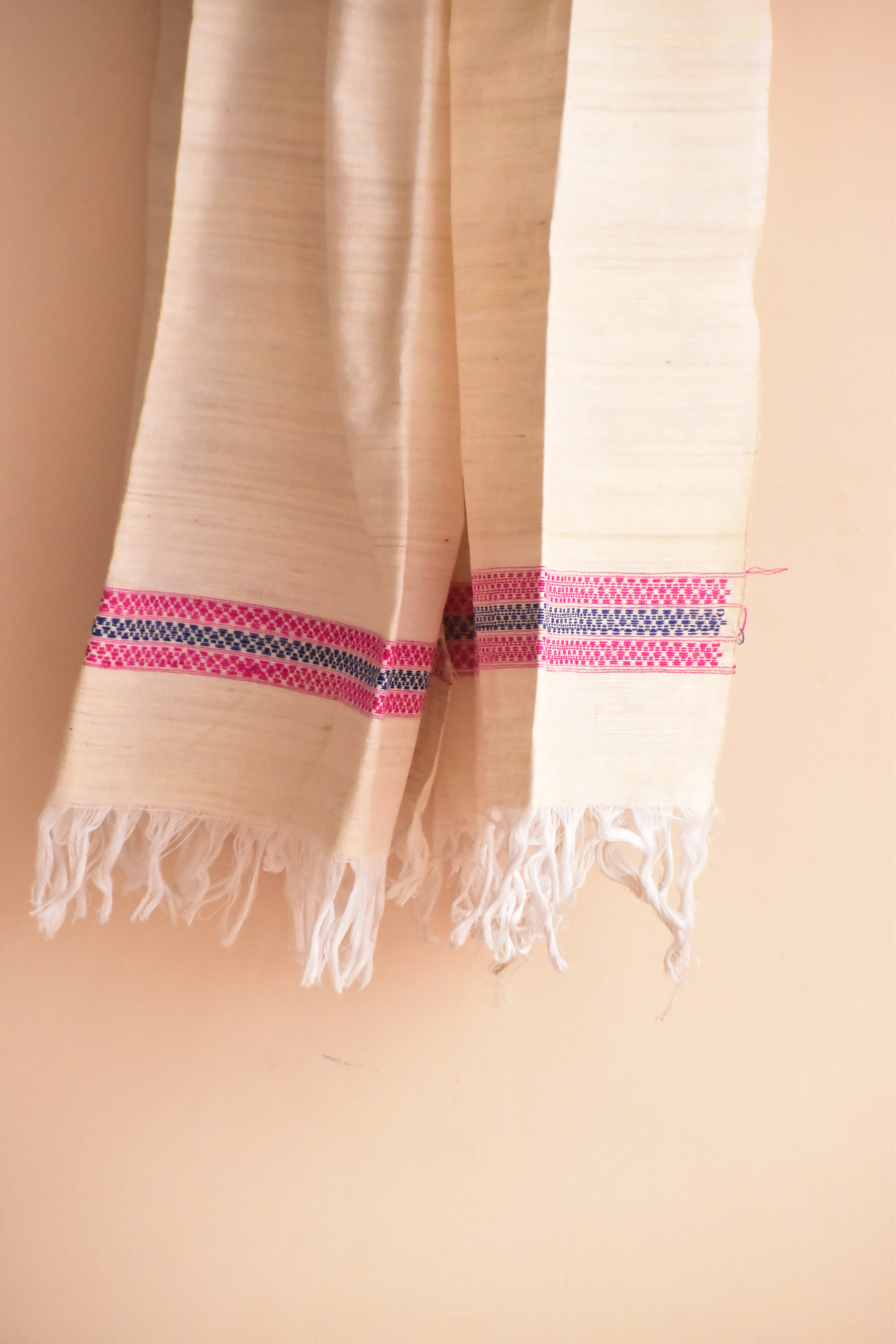Cotton + Eri Dupatta - Pink & Navy Border
