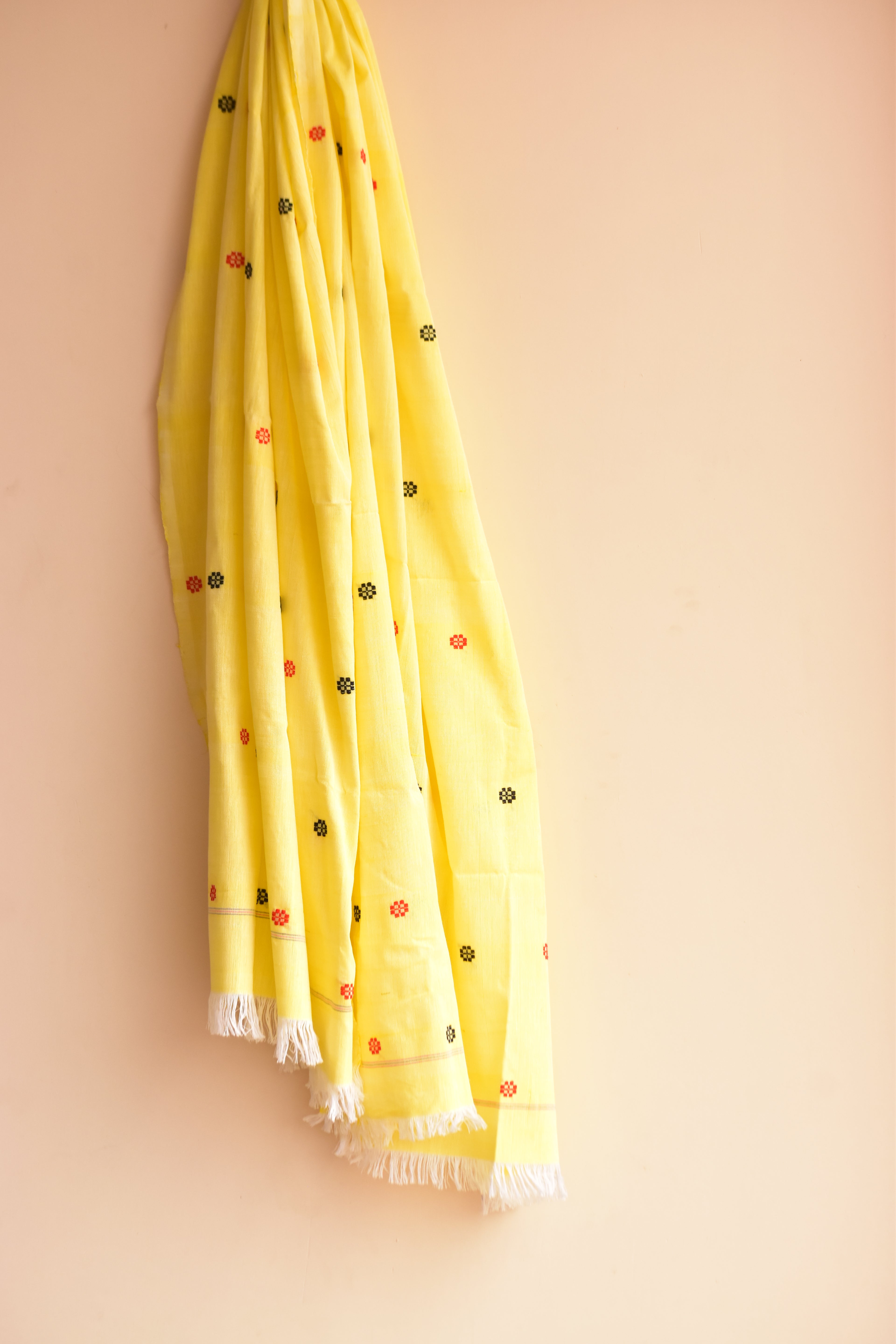 Handwoven Cotton Dupatta Yellow with Red & Black Buta