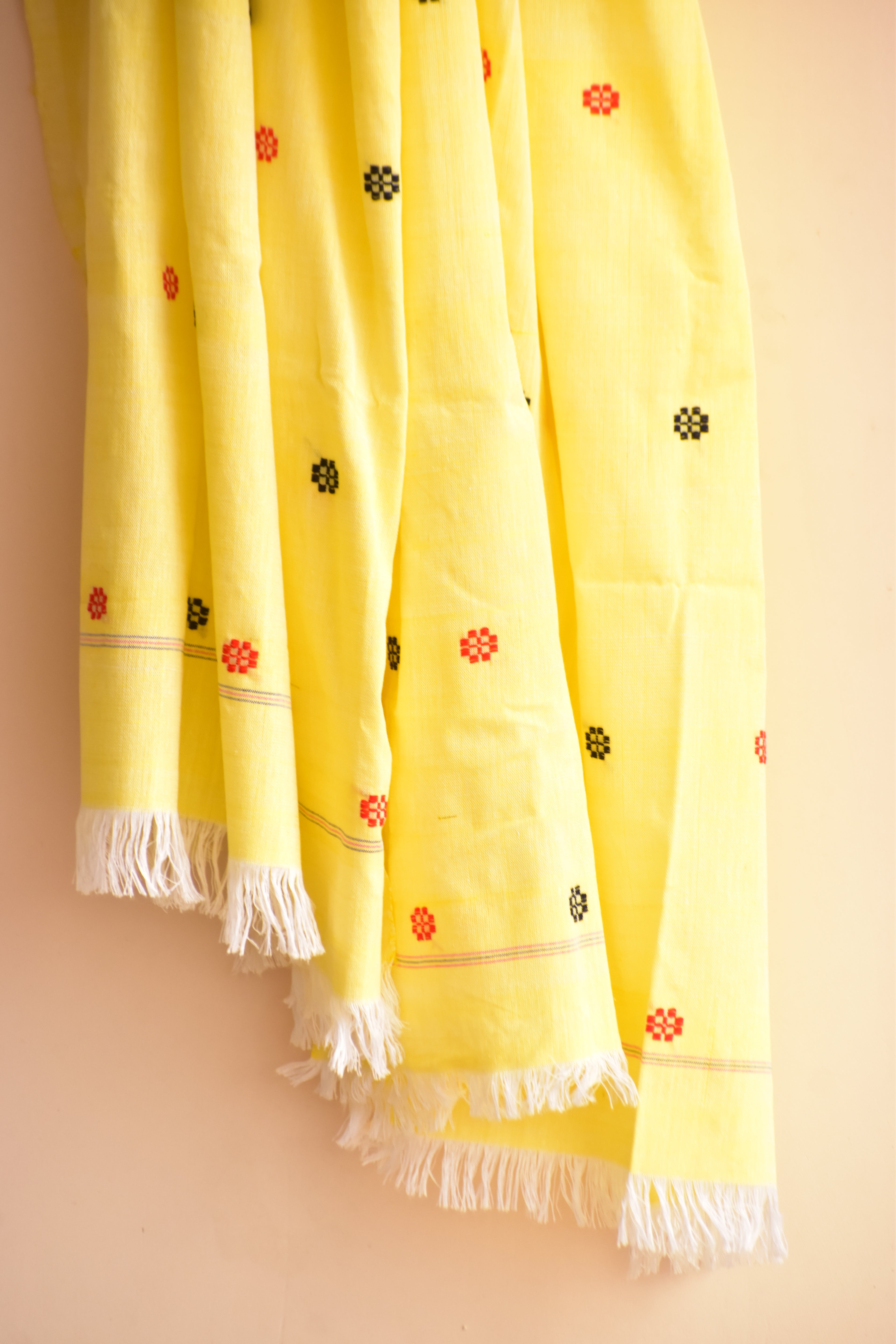 Handwoven Cotton Dupatta Yellow with Red & Black Buta