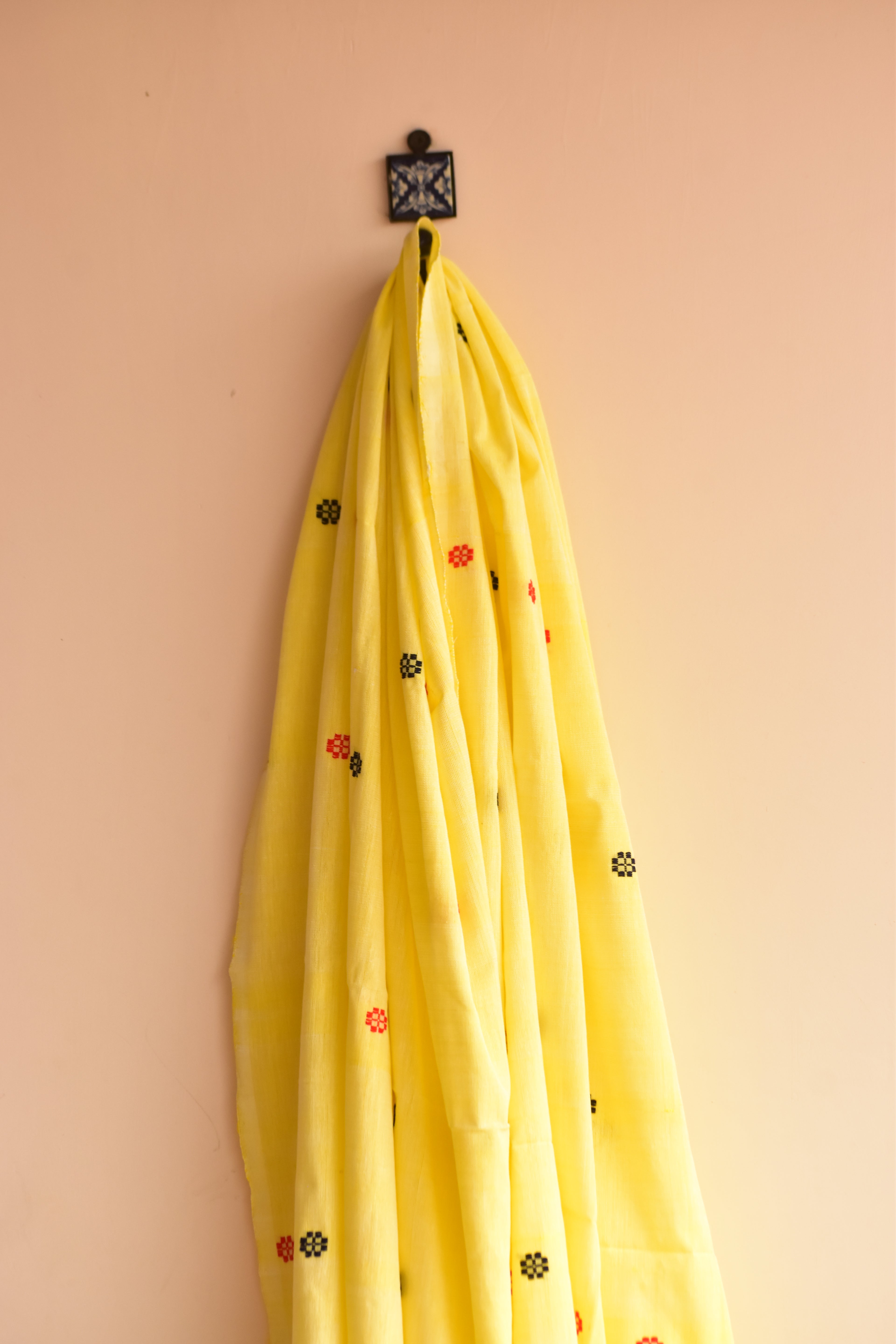 Handwoven Cotton Dupatta Yellow with Red & Black Buta