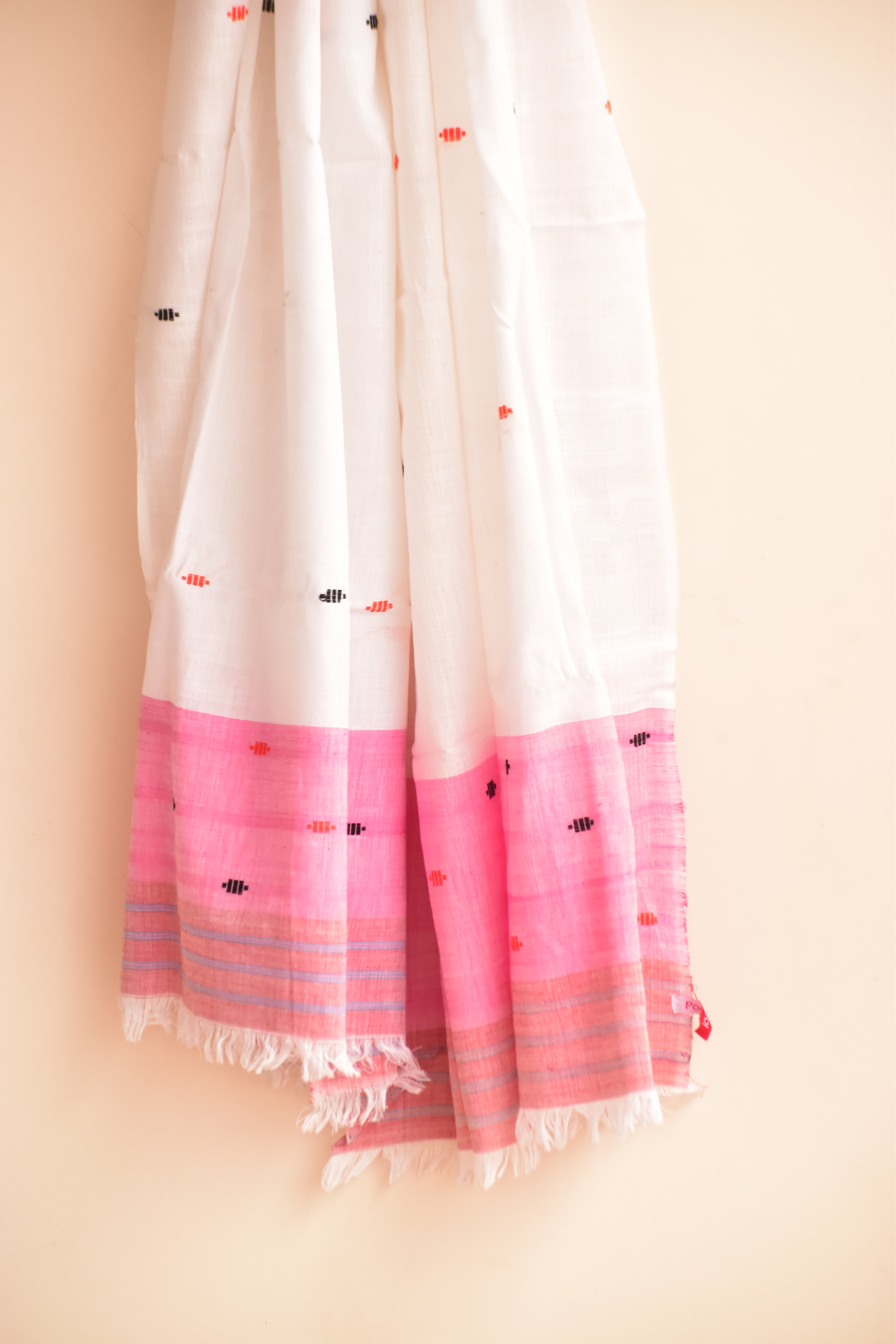Handwoven Cotton Dupatta White, Black & Pink Buta