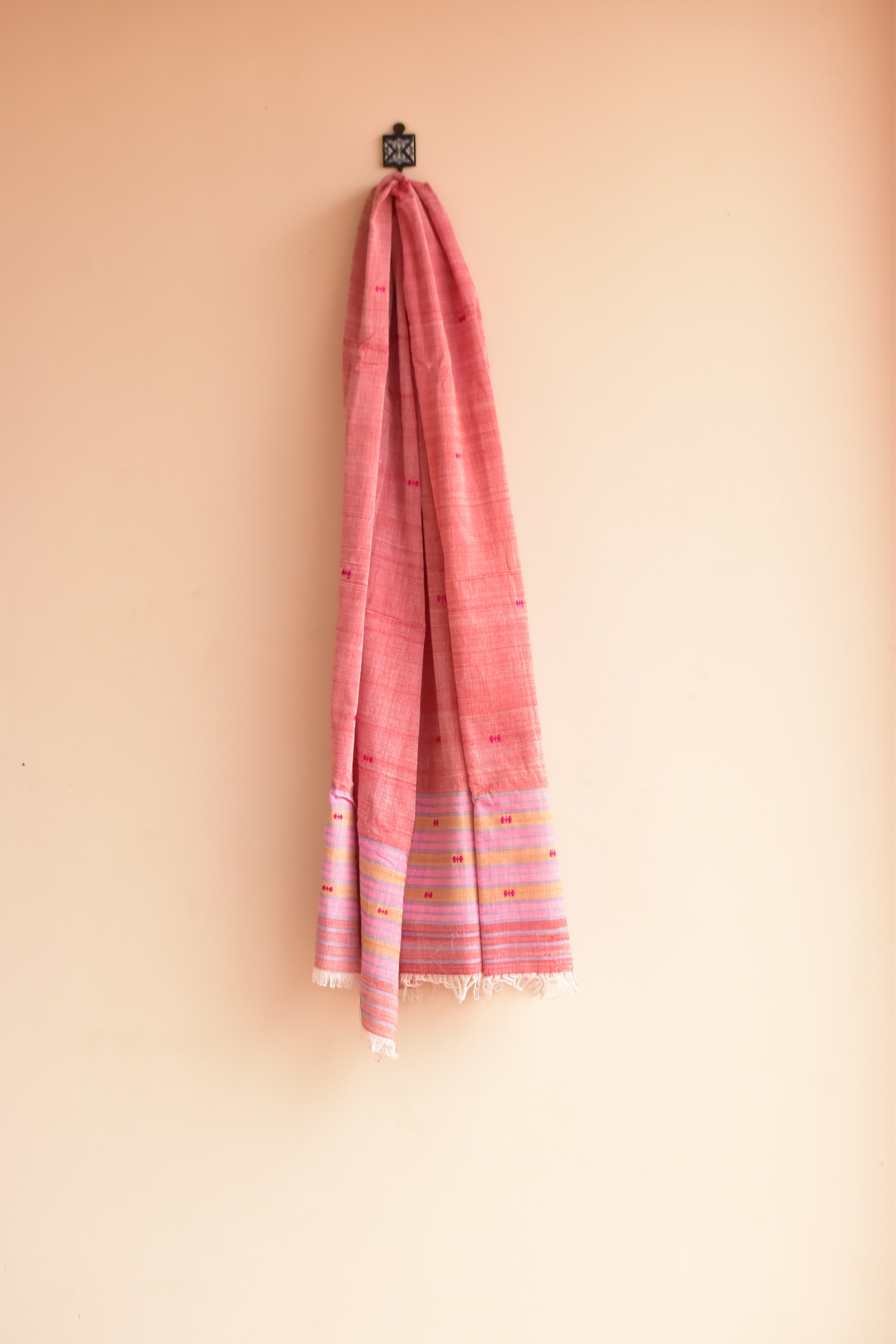 Handwoven Cotton Dupatta Pink with Multicolor Border