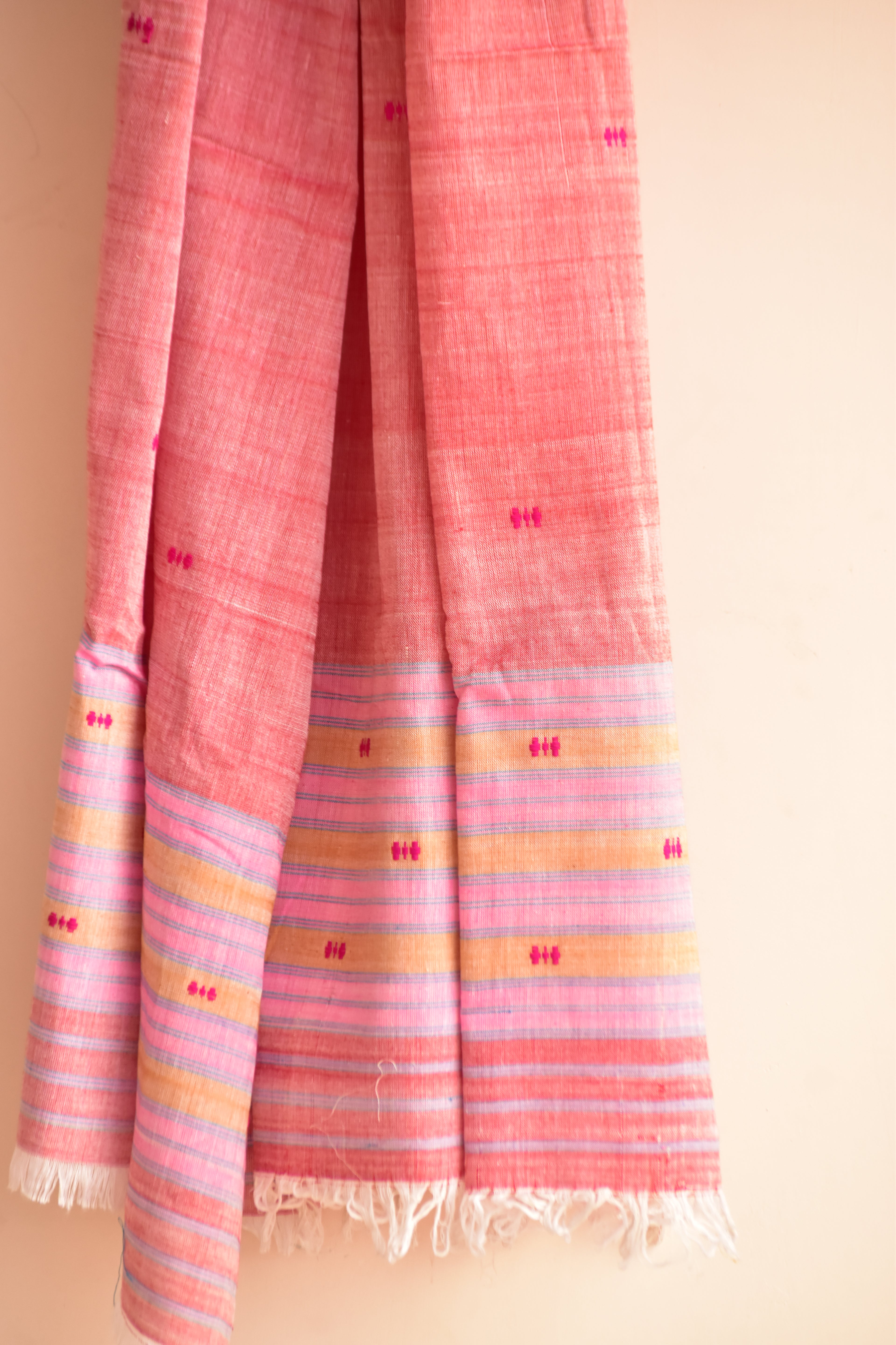 Handwoven Cotton Dupatta Pink with Multicolor Border