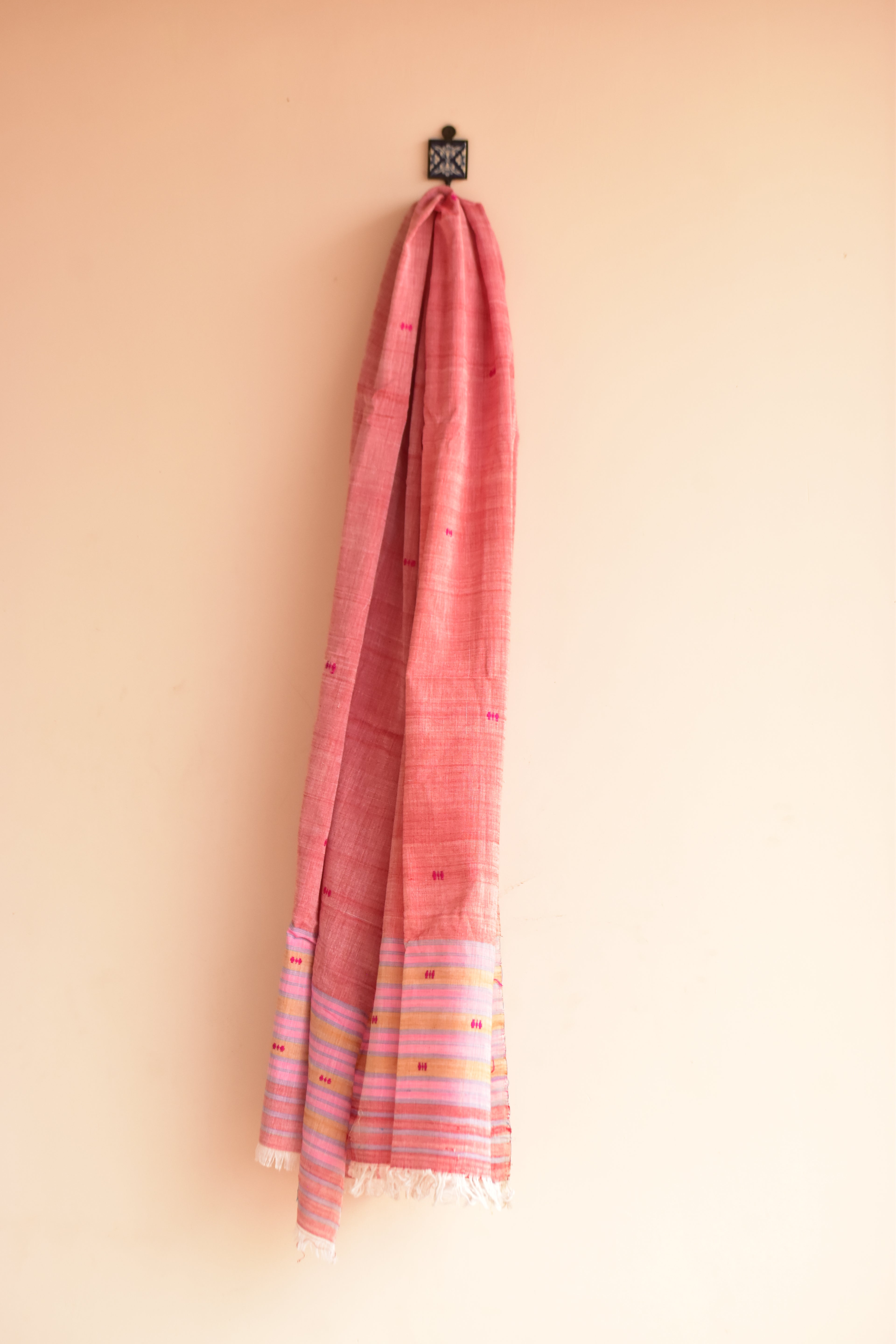 Handwoven Cotton Dupatta Pink with Multicolor Border