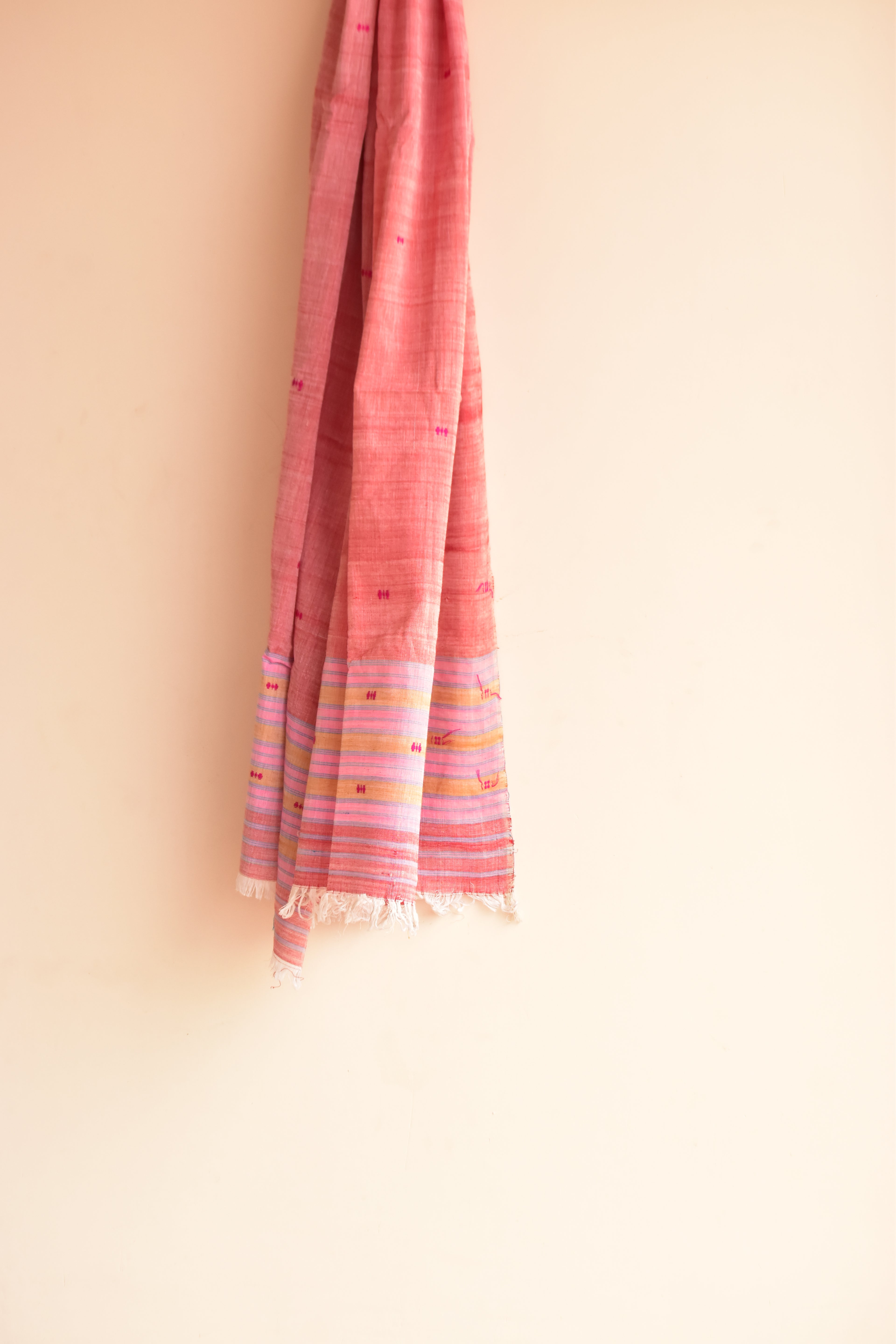 Handwoven Cotton Dupatta Pink with Multicolor Border