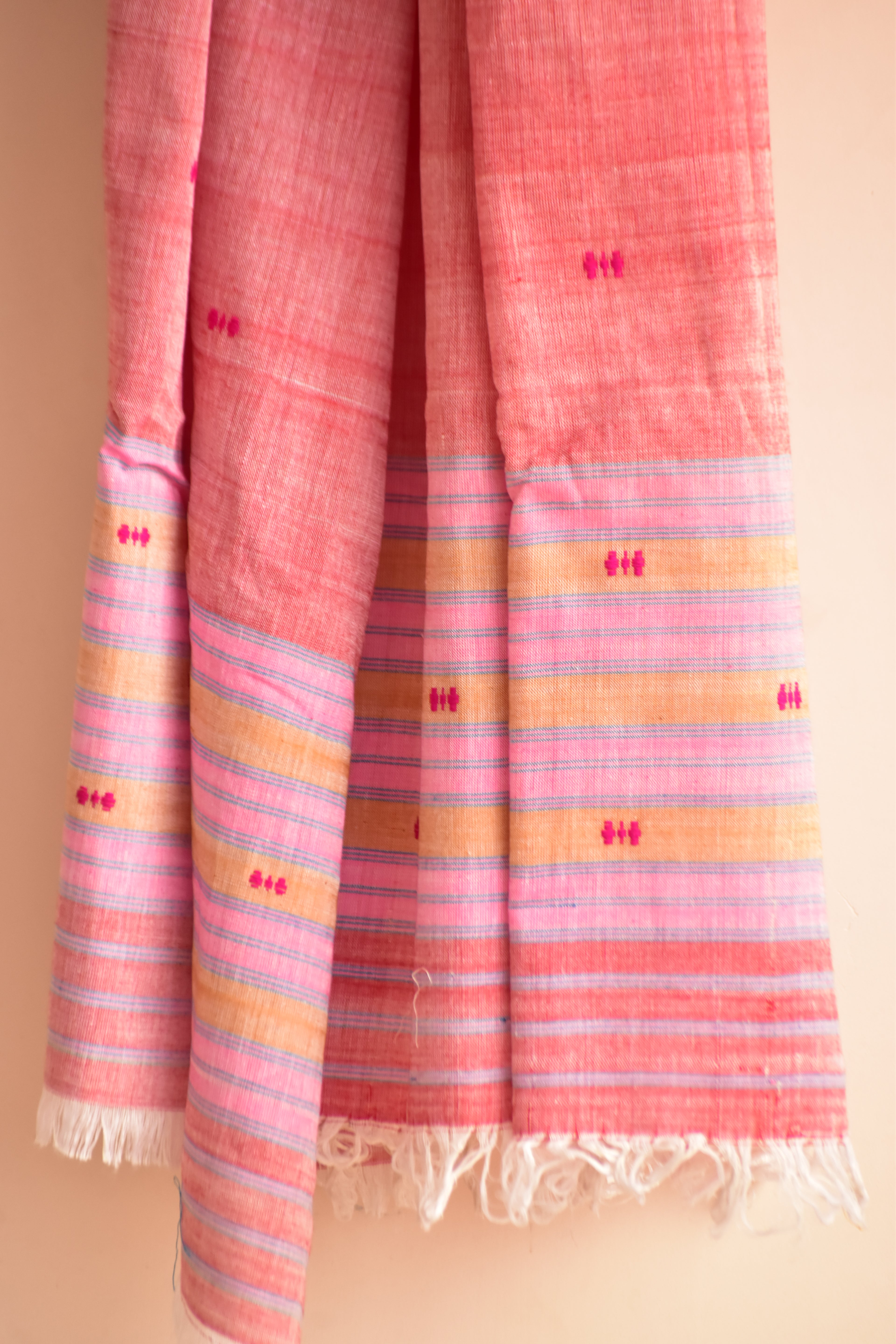 Handwoven Cotton Dupatta Pink with Multicolor Border