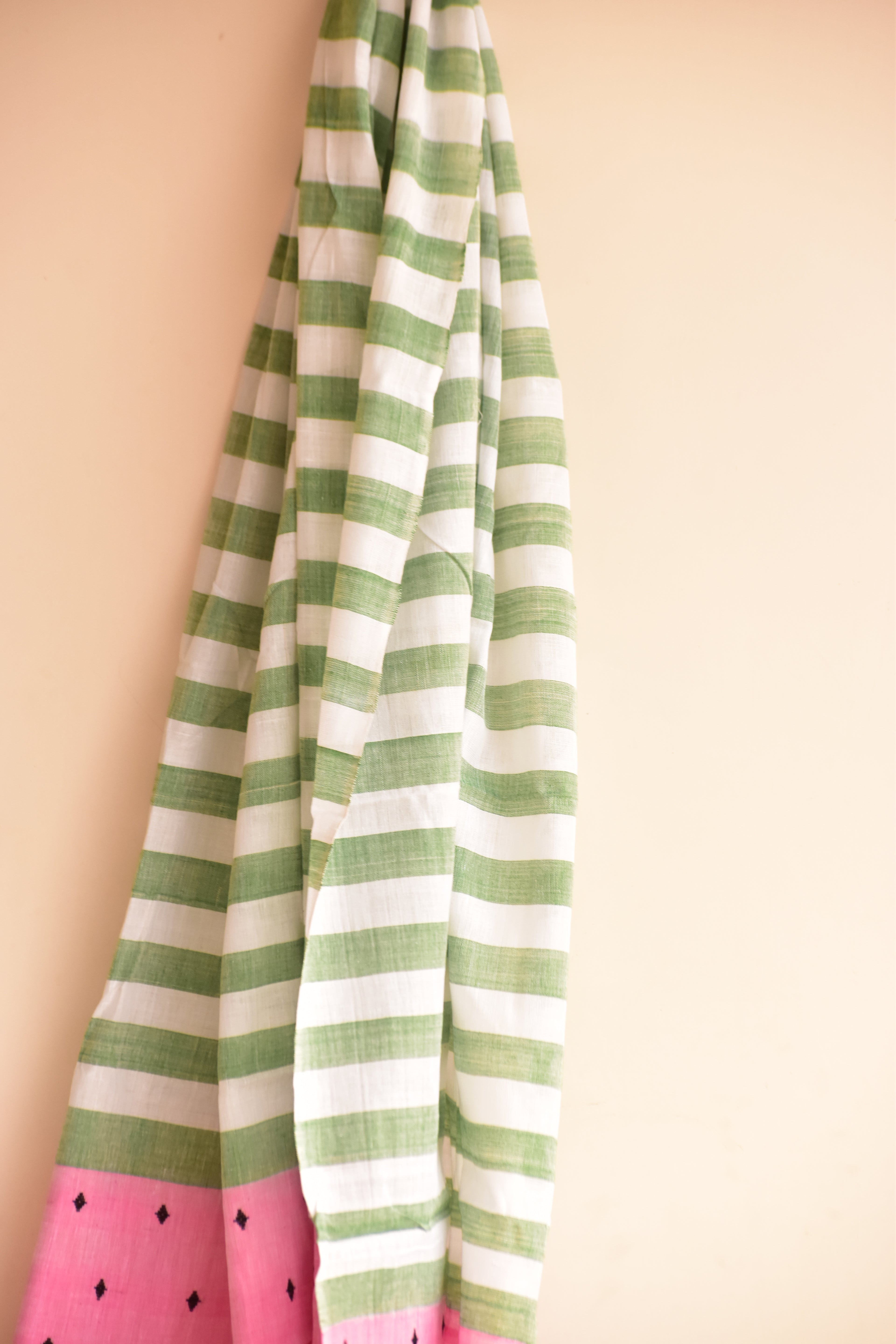 Handwoven Cotton Dupatta Green and White Stripes
