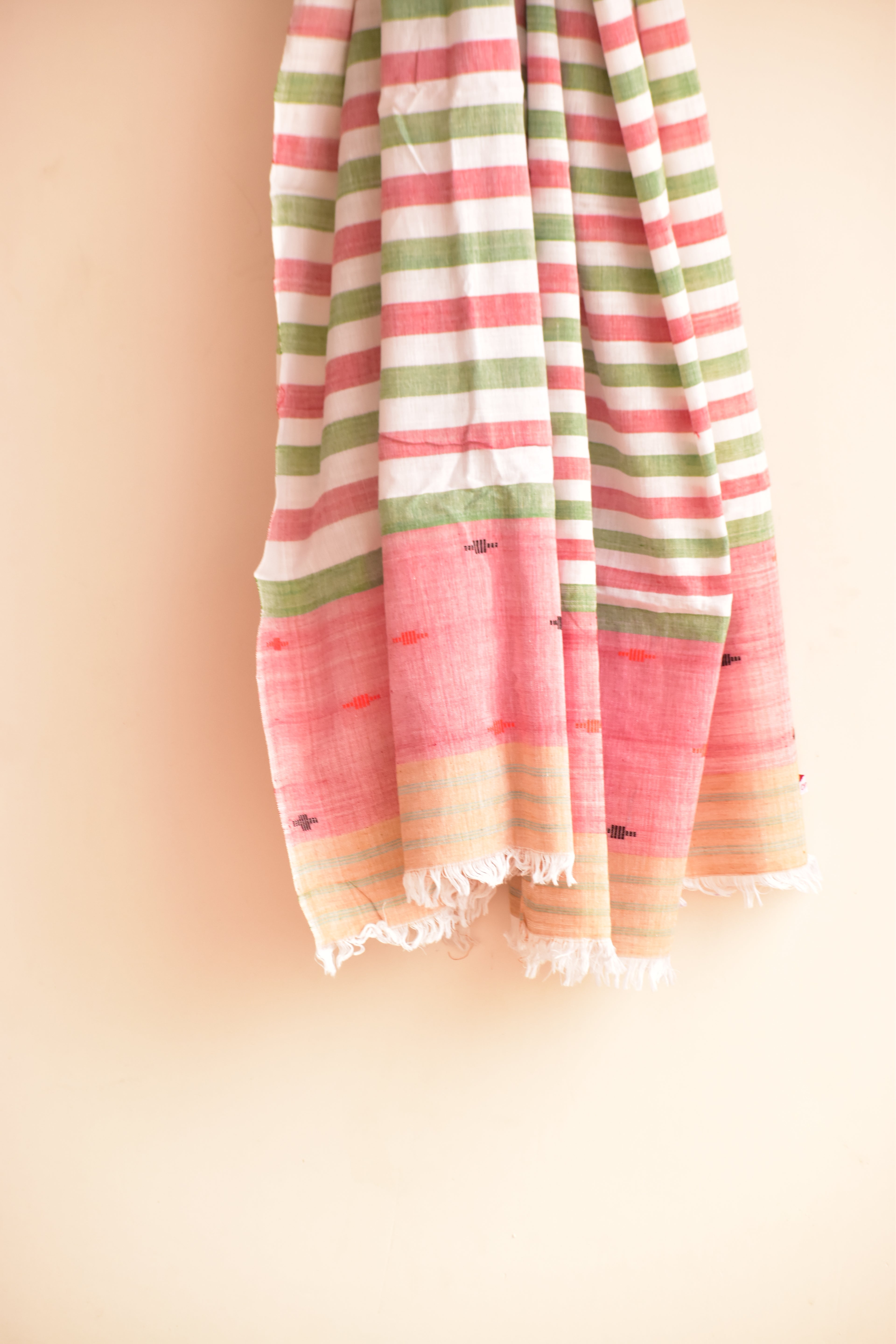 Handwoven Cotton Dupatta Pink & Green Stripes