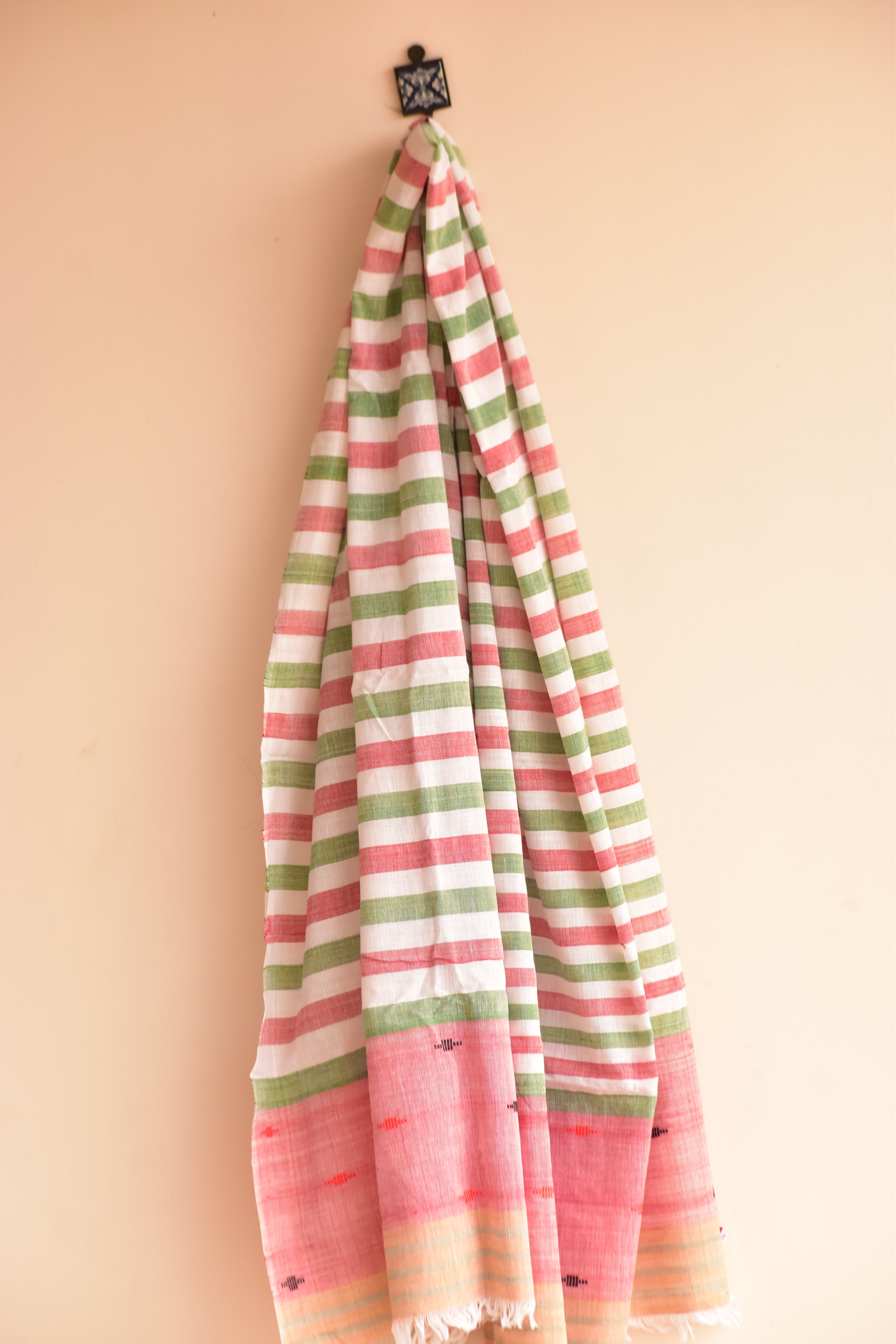 Handwoven Cotton Dupatta Pink & Green Stripes