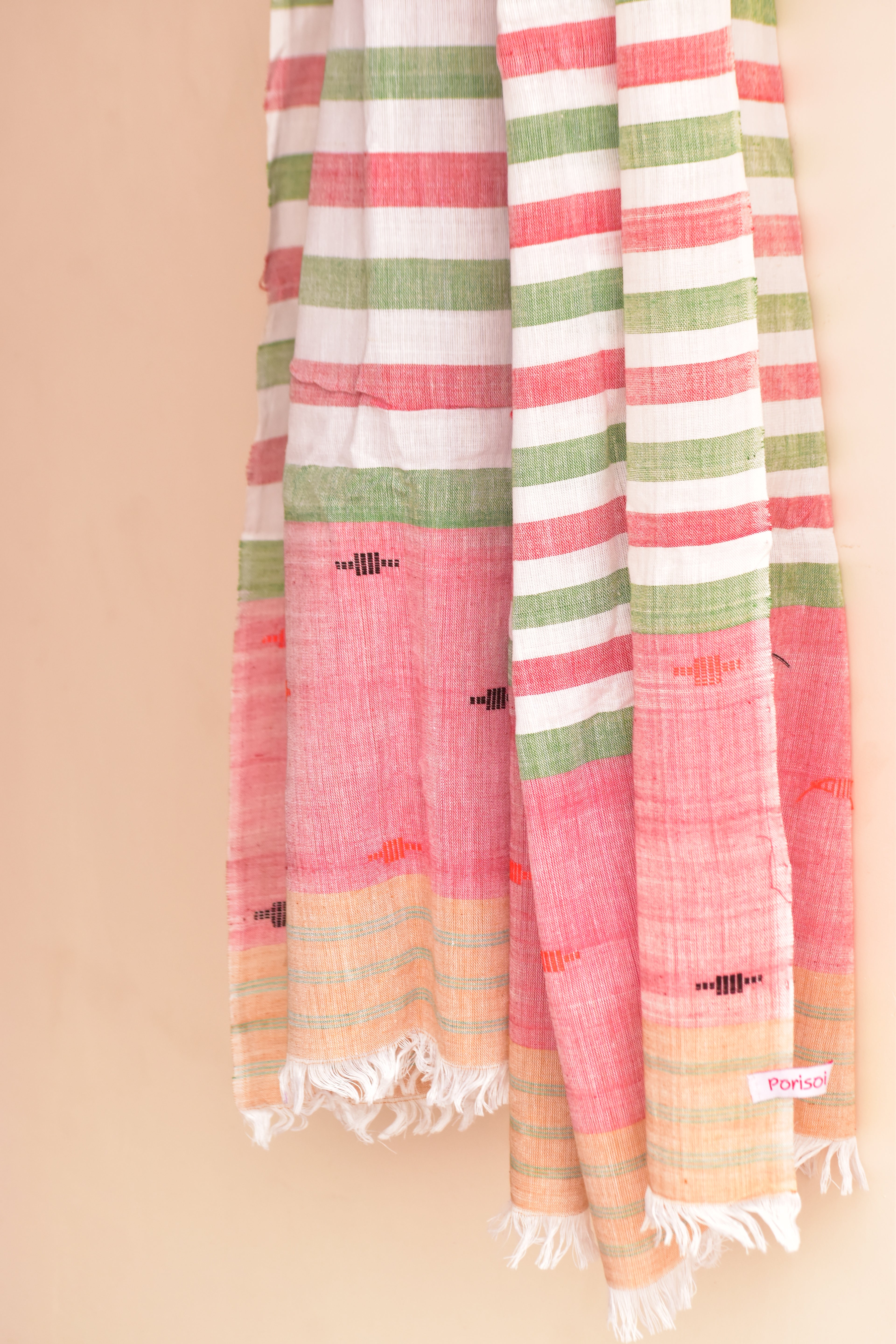 Handwoven Cotton Dupatta Pink & Green Stripes