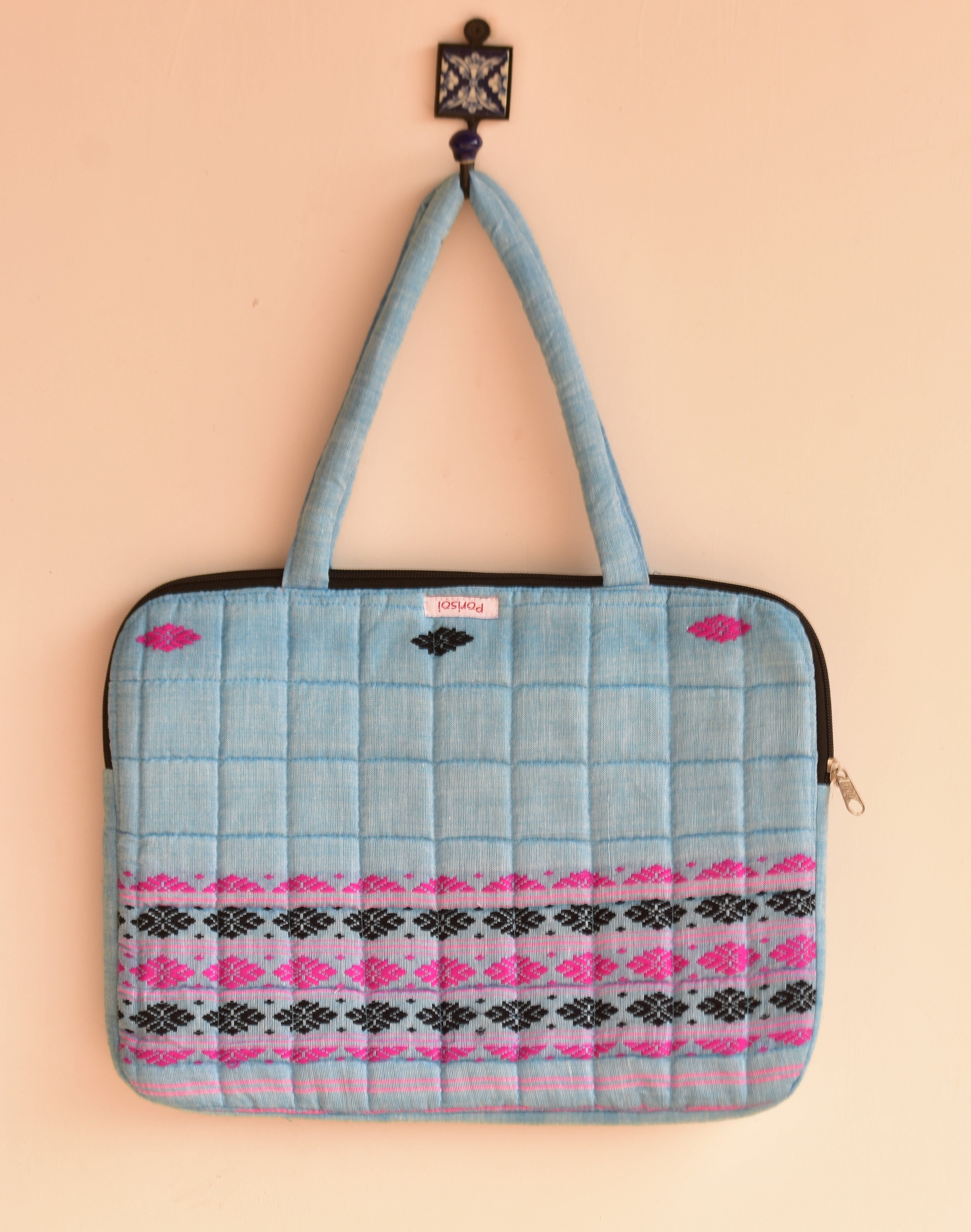 Handwoven Laptop Bag Blue with Pink and Black design