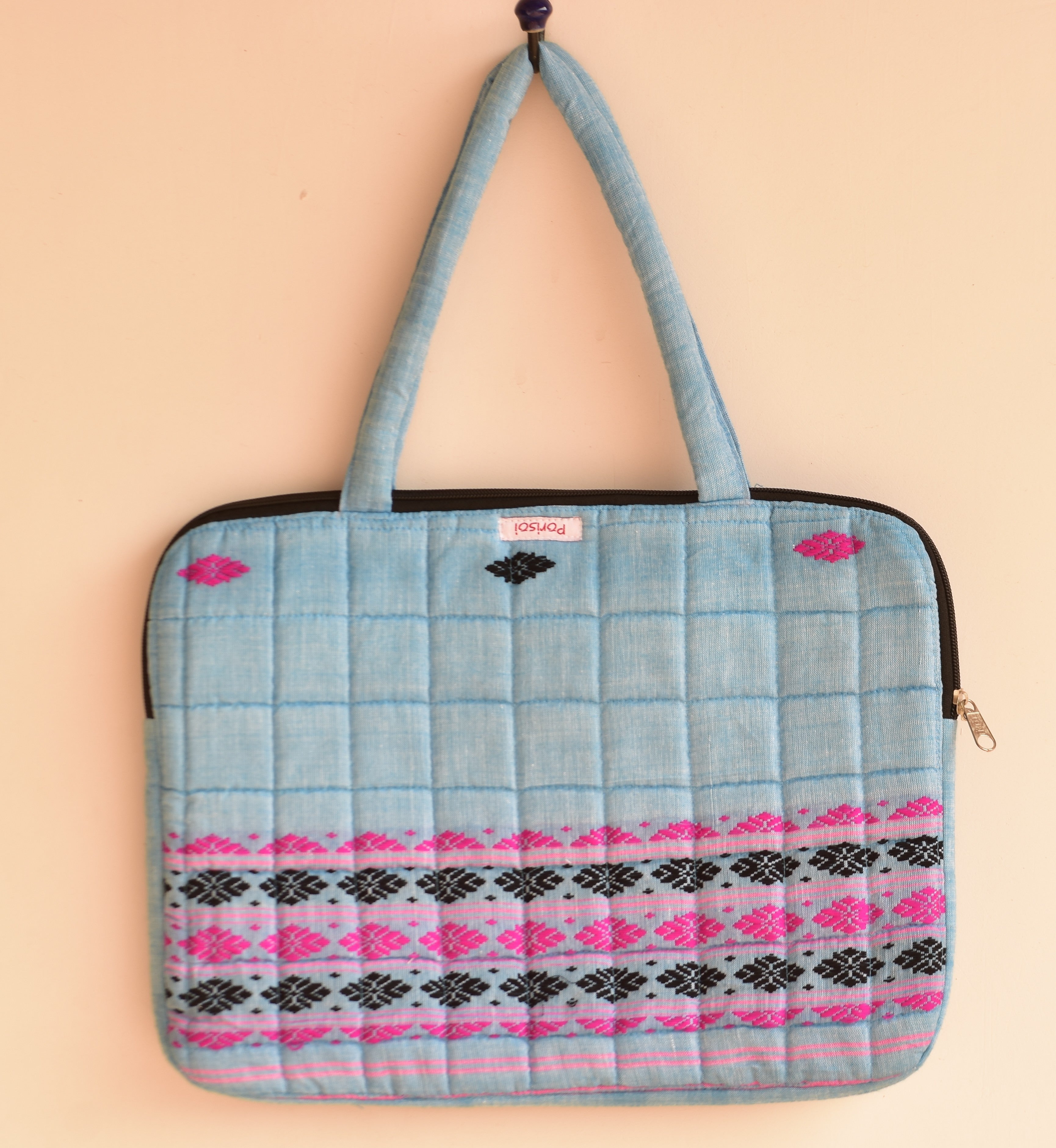 Handwoven Laptop Bag Blue with Pink and Black design