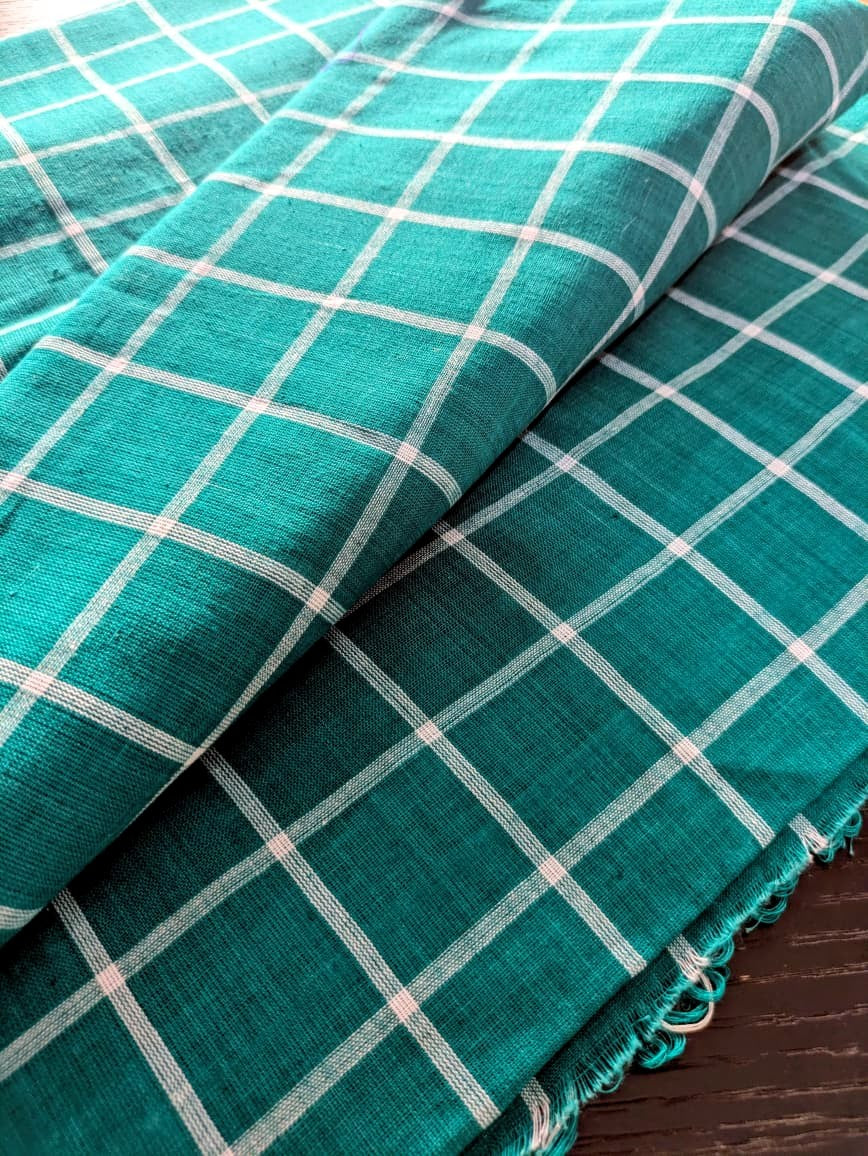 Running Fabric- Green Mercerised cotton with White checks
