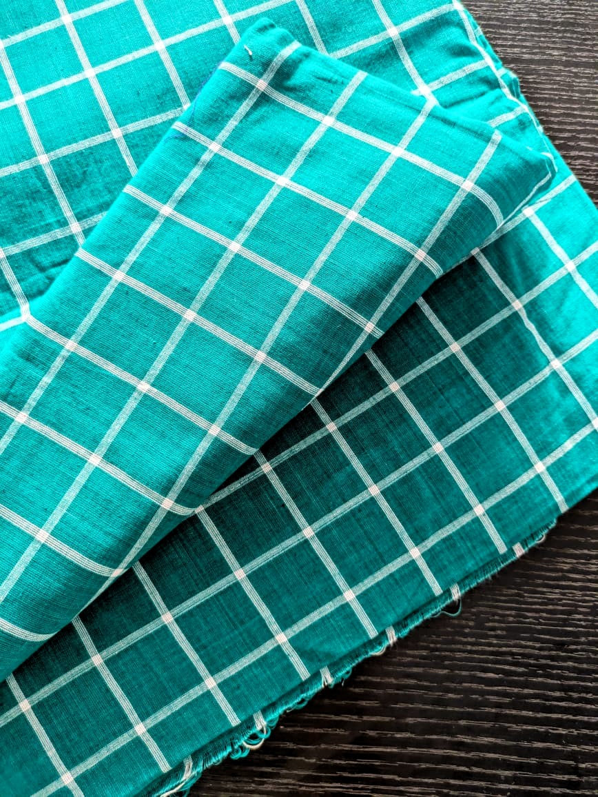 Running Fabric- Green Mercerised cotton with White checks