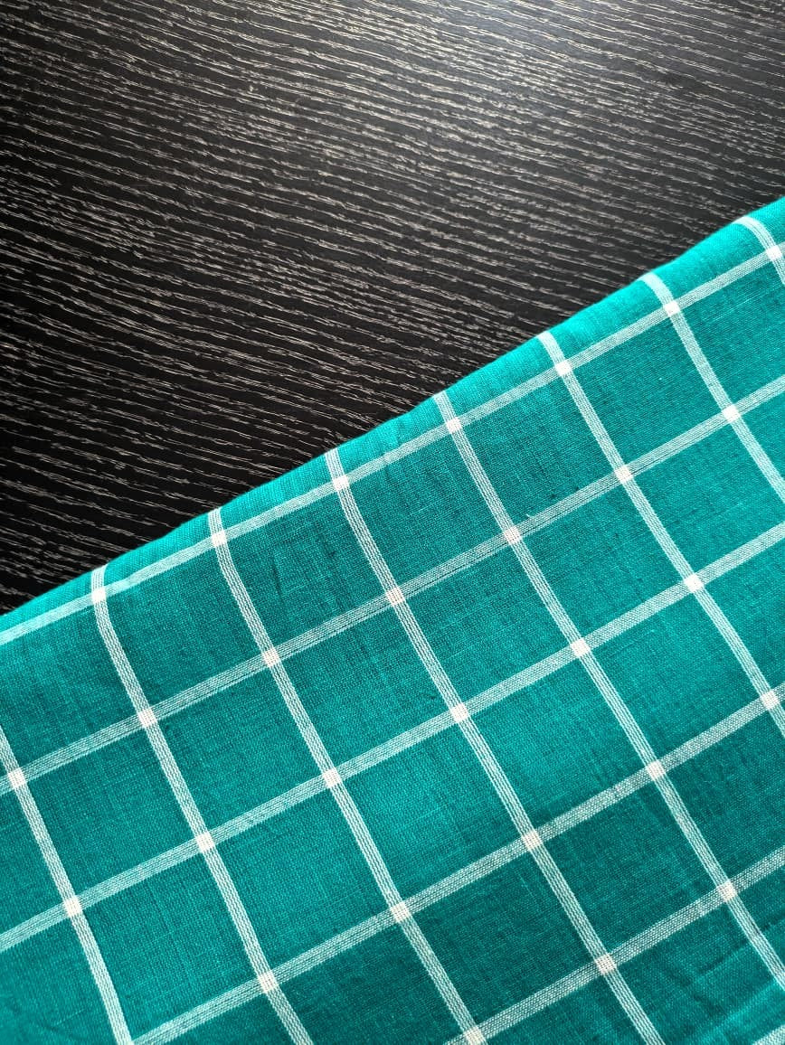 Running Fabric- Green Mercerised cotton with White checks