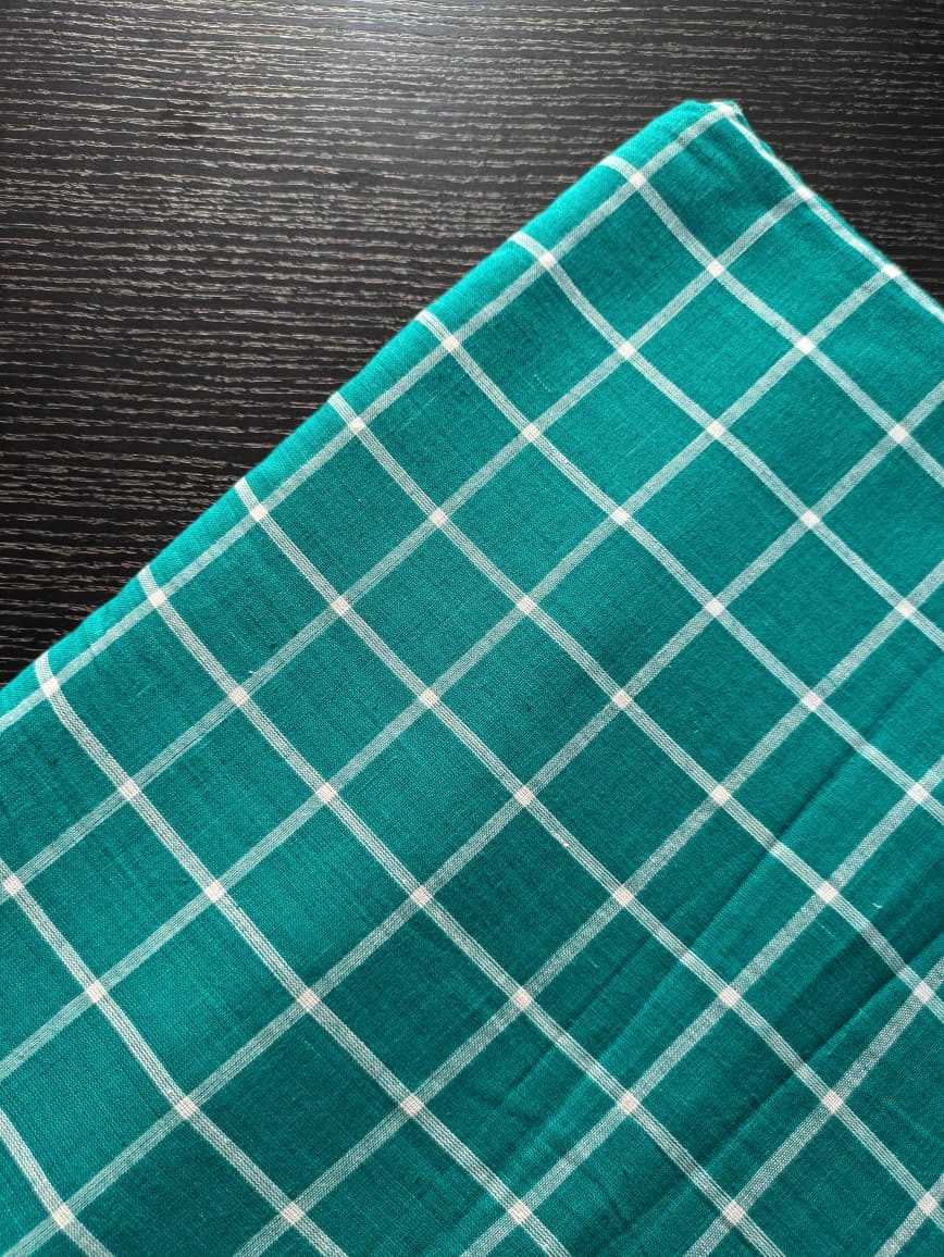 Running Fabric- Green Mercerised cotton with White checks