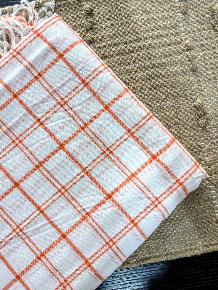 Running Fabric- White Mercerised cotton with Orange checks
