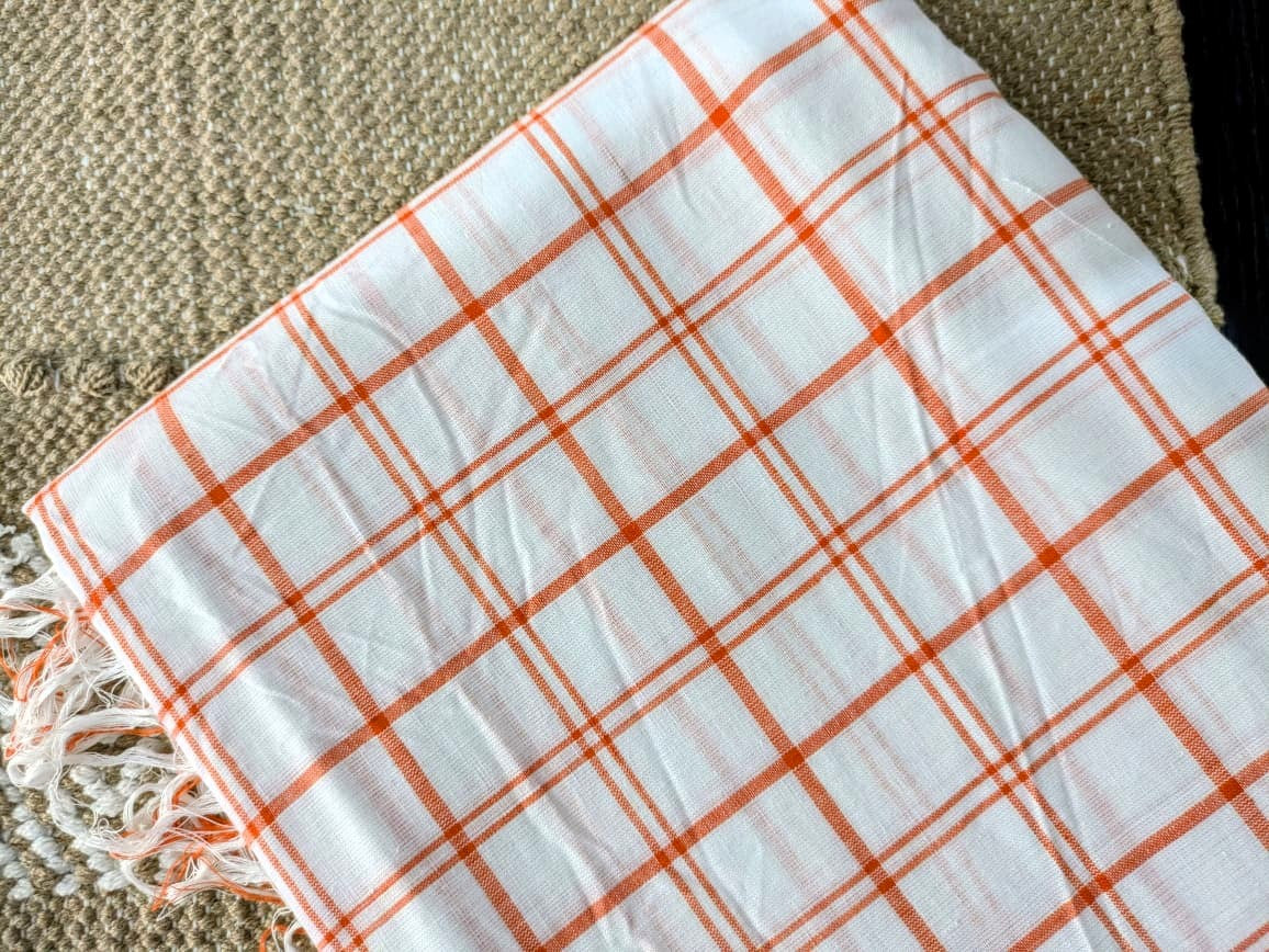 Running Fabric- White Mercerised cotton with Orange checks