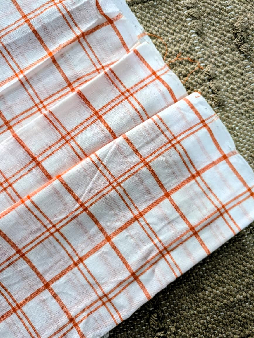 Running Fabric- White Mercerised cotton with Orange checks