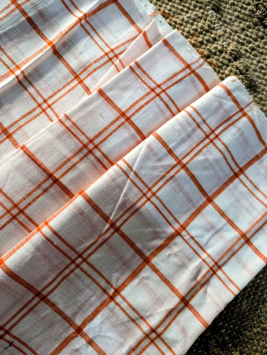 Running Fabric- White Mercerised cotton with Orange checks
