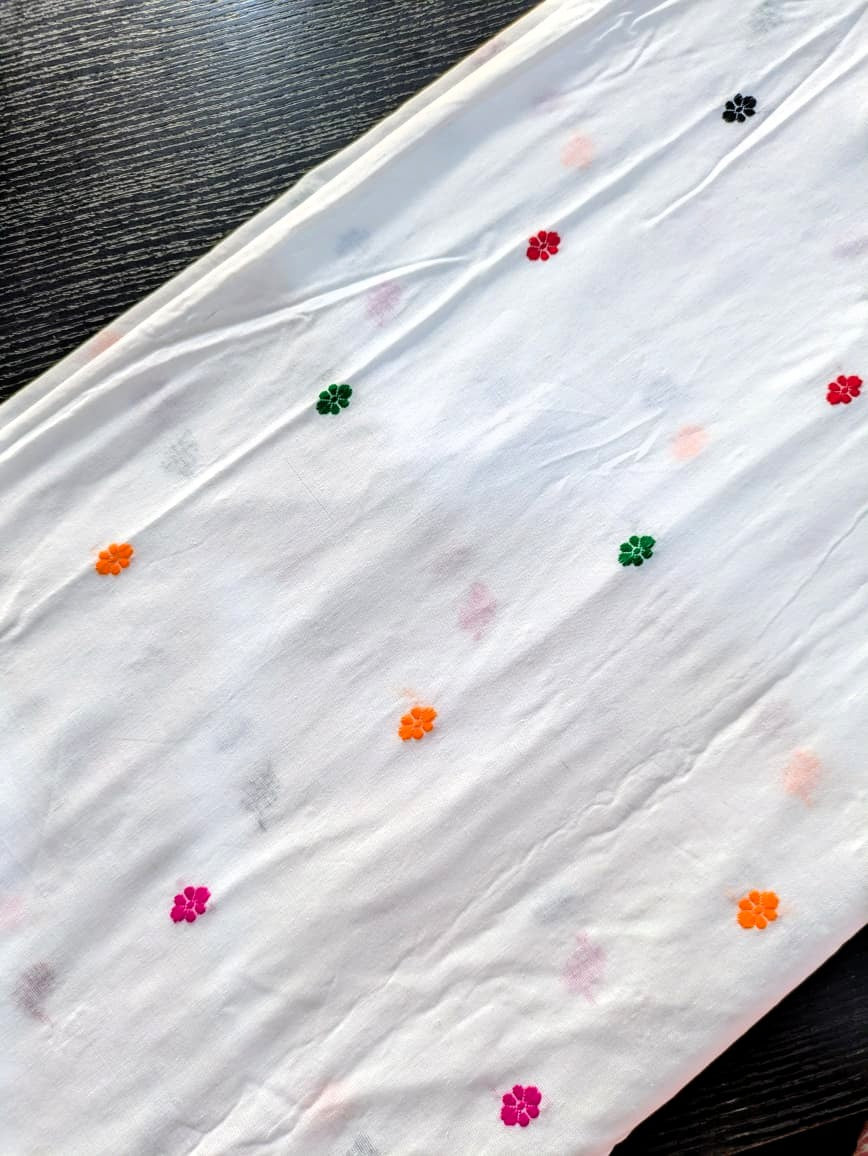 Running Fabric- White Mercerised cotton with multicolored motifs