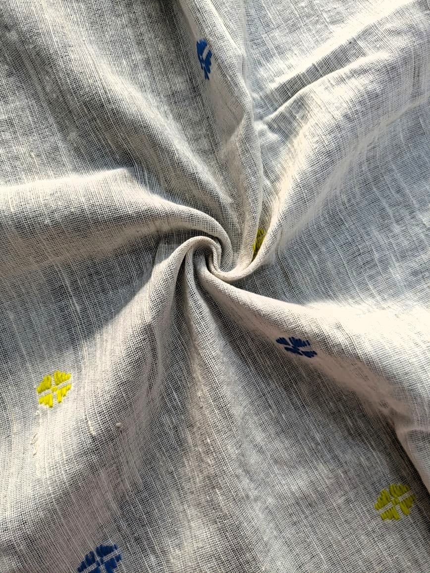Running Fabric- Mercerised Cotton+ Eri Silk with Yellow & Blue motifs