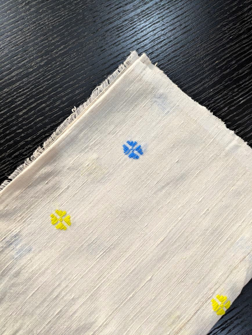 Running Fabric- Mercerised Cotton+ Eri Silk with Yellow & Blue motifs