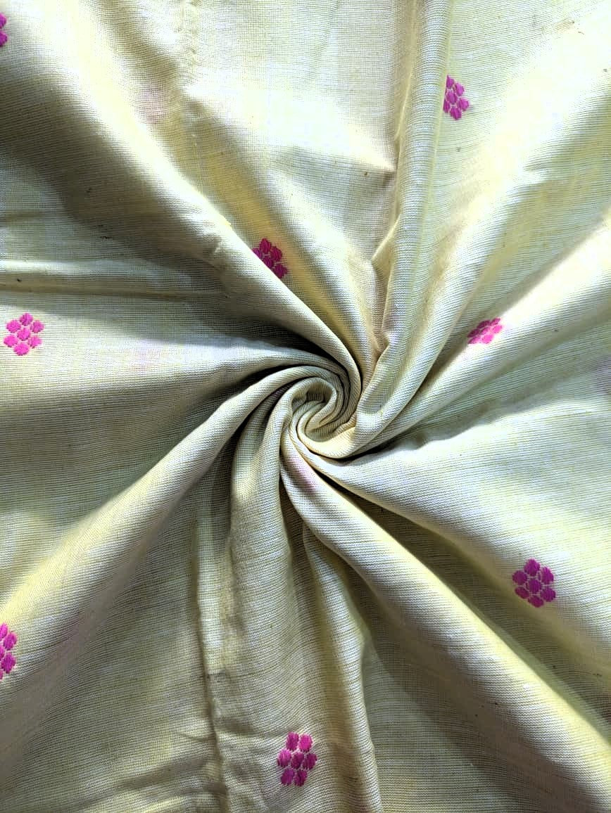 Running Fabric- Yellow Mercerised cotton with Pink motifs