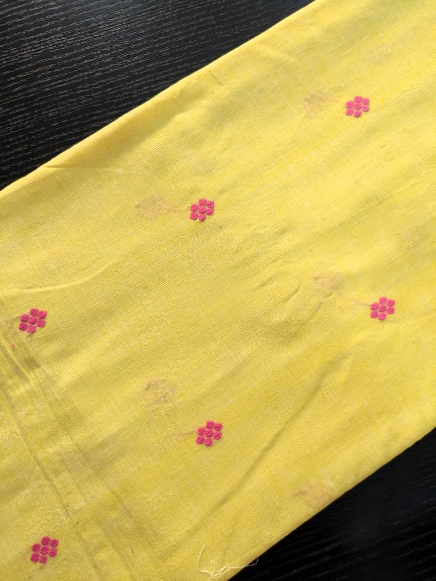 Running Fabric- Yellow Mercerised cotton with Pink motifs