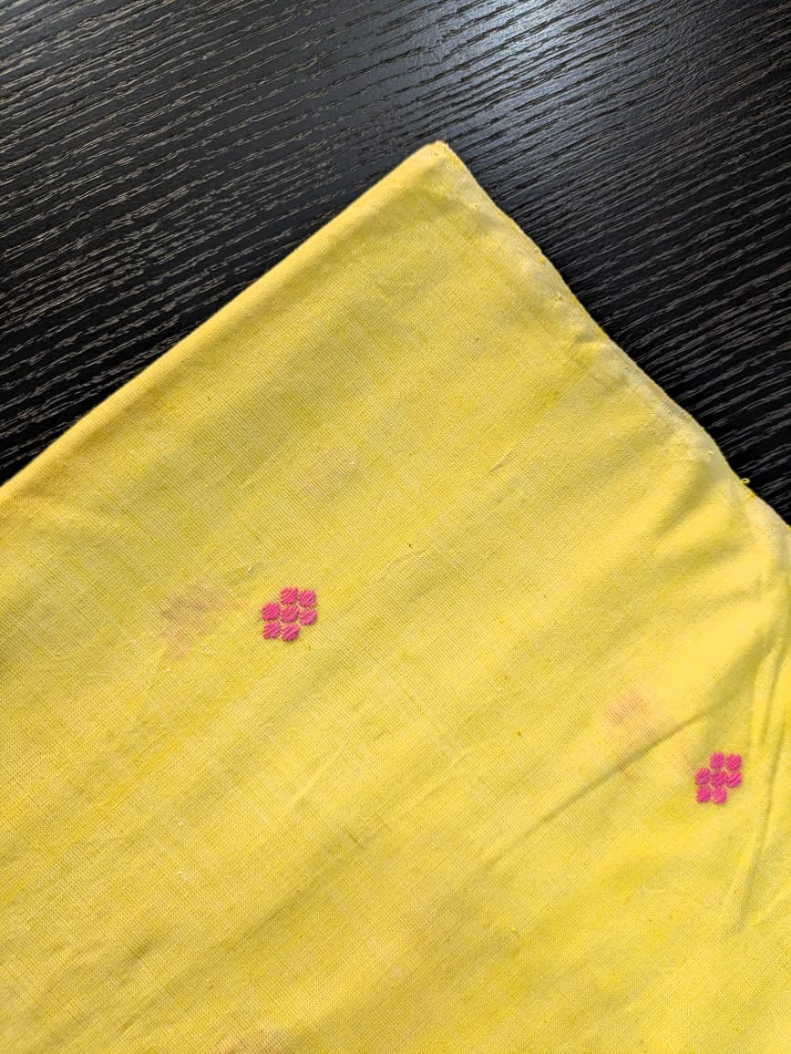 Running Fabric- Yellow Mercerised cotton with Pink motifs
