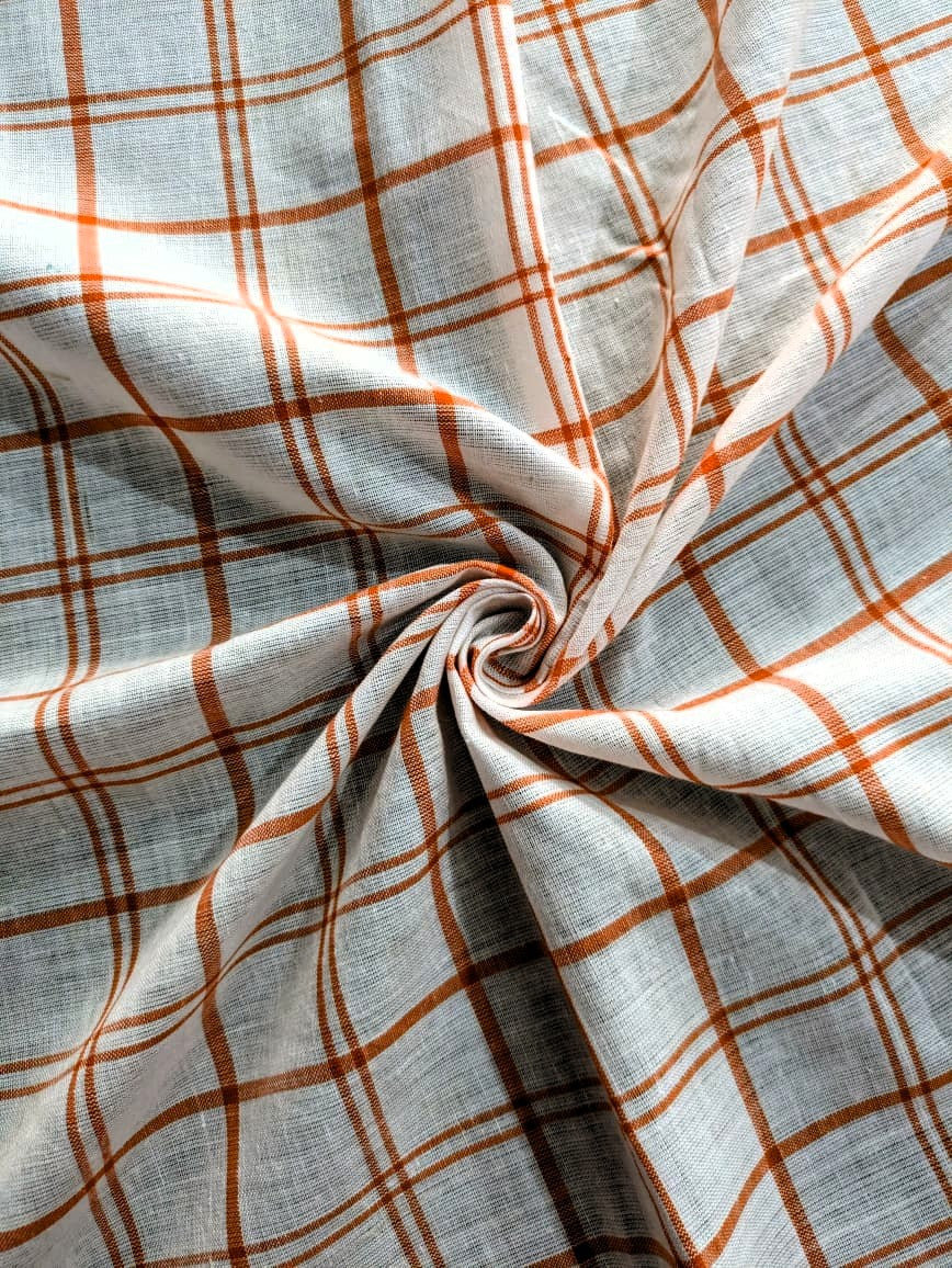 Running Fabric- White Mercerised cotton with Orange checks