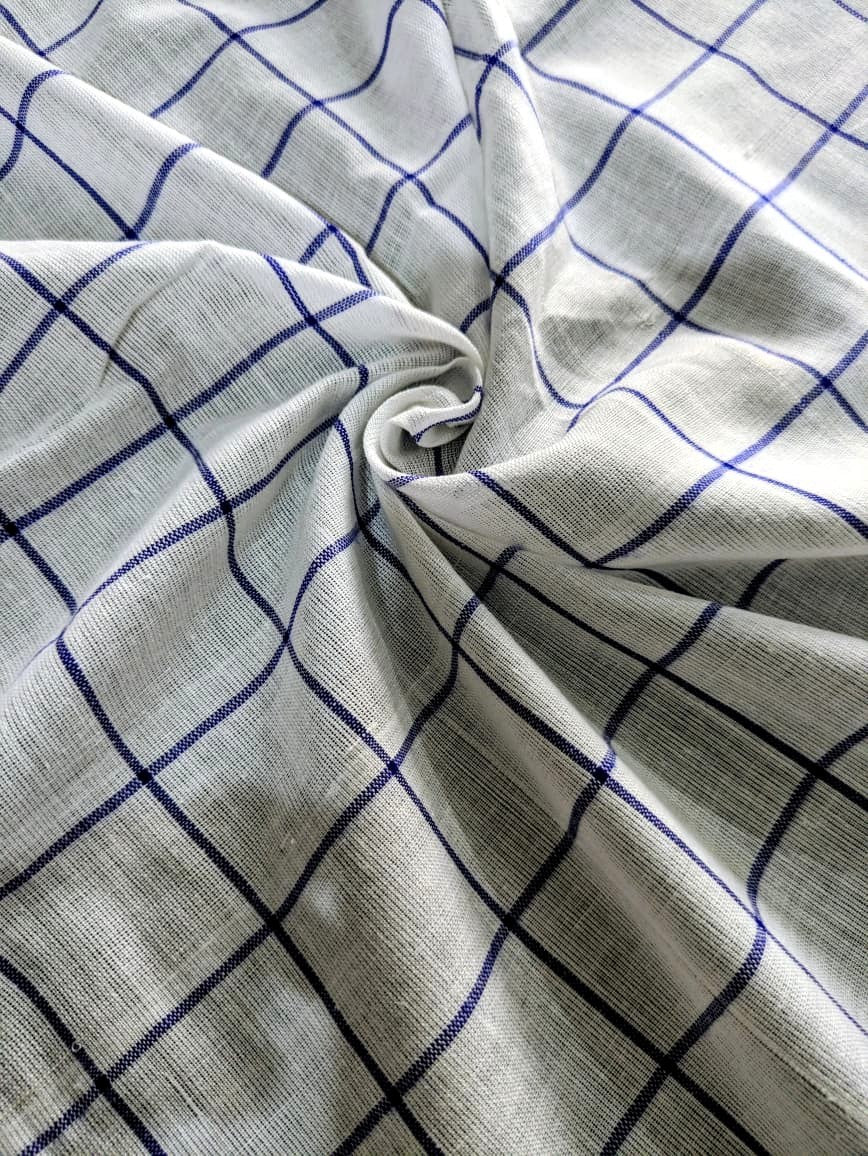 Running Fabric- White Mercerised cotton with Blue checks