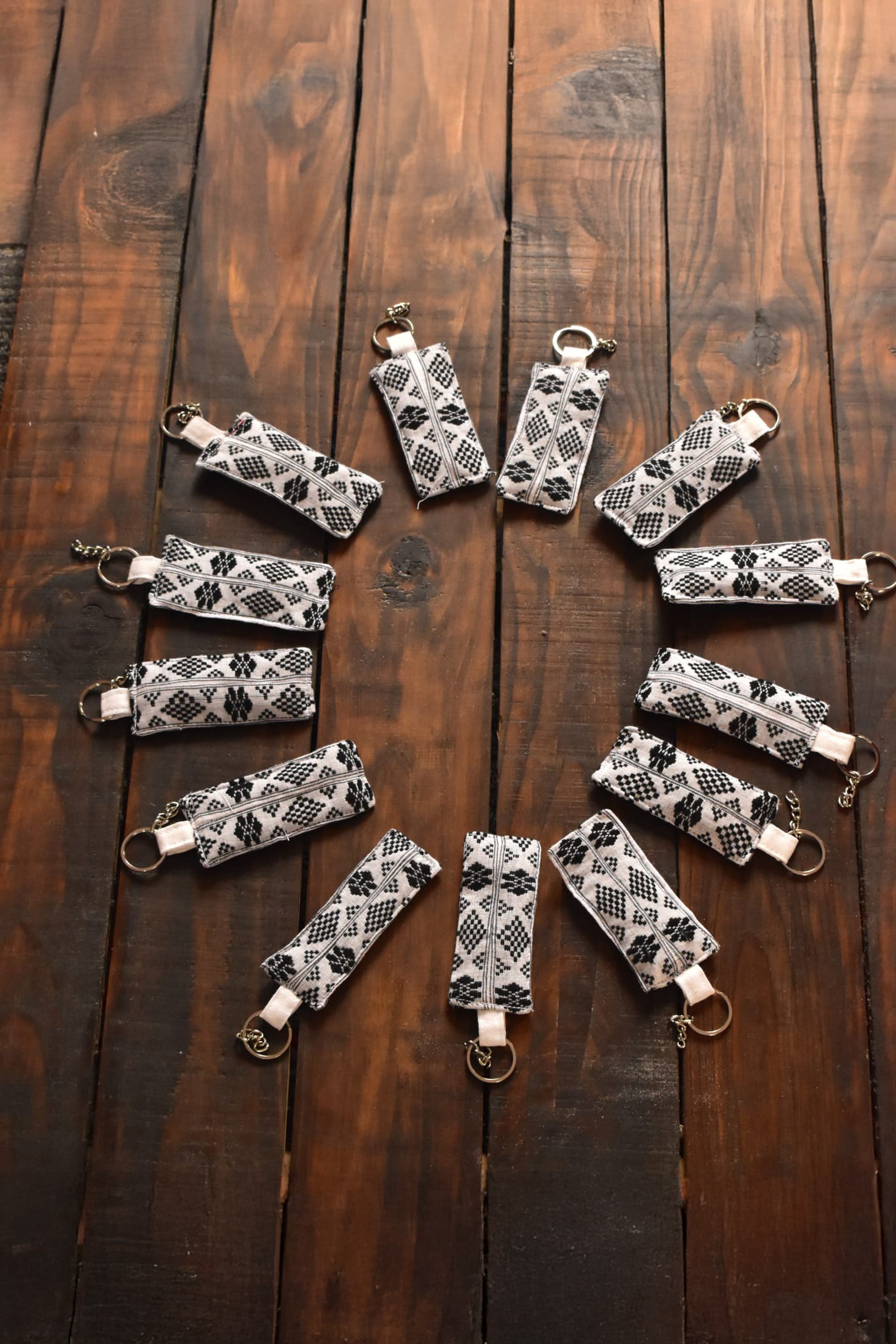 Handloom Fabric Keychain White with Black motifs