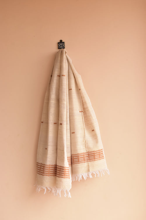 Cotton + Eri Dupatta - Beige Buta & Border