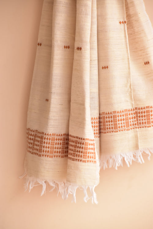 Cotton + Eri Dupatta - Beige Buta & Border