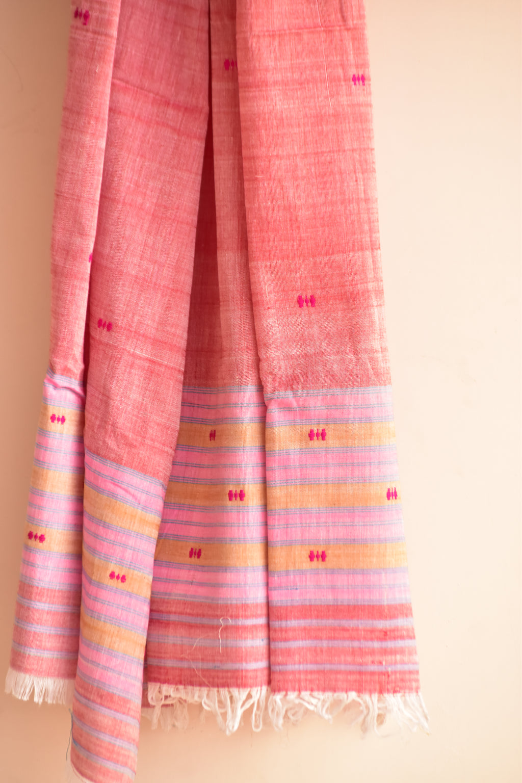 Handwoven Cotton Dupatta Pink with Multicolor Border