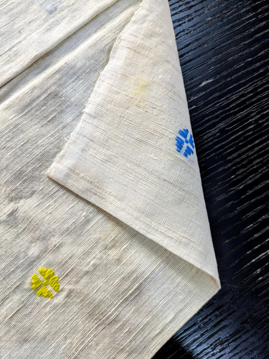 Running Fabric- Mercerised Cotton+ Eri Silk with Yellow & Blue motifs