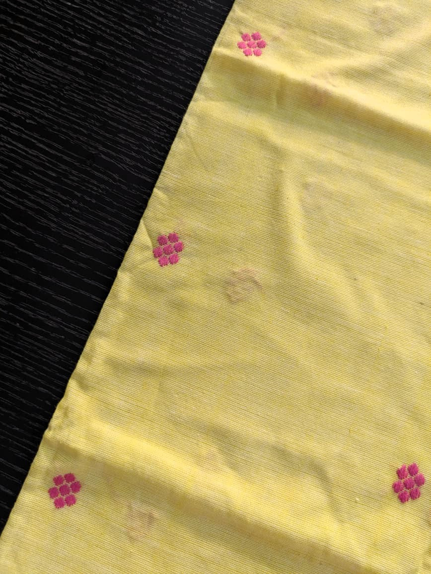 Running Fabric- Yellow Mercerised cotton with Pink motifs