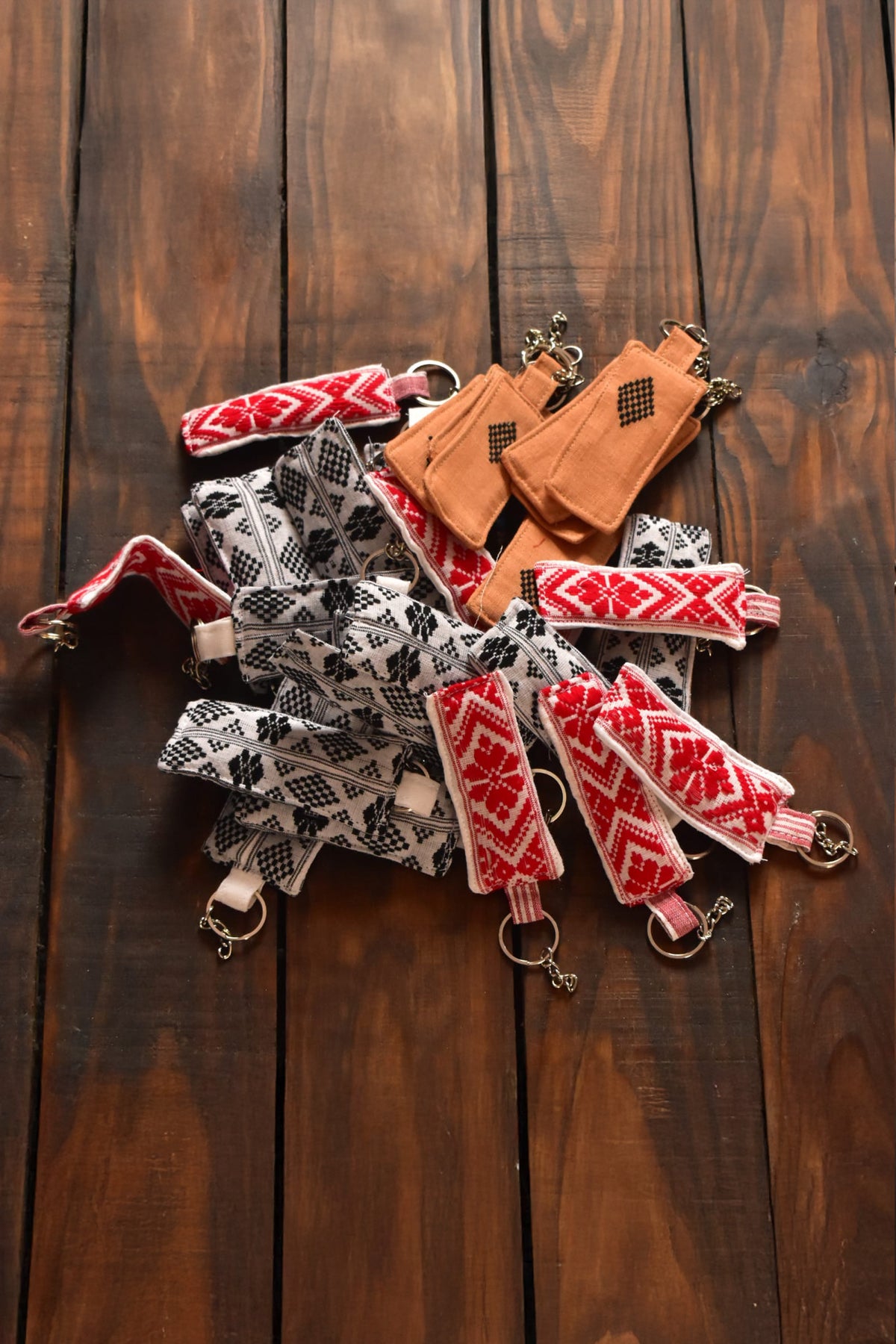 Handloom Fabric Keychain White with Red motifs
