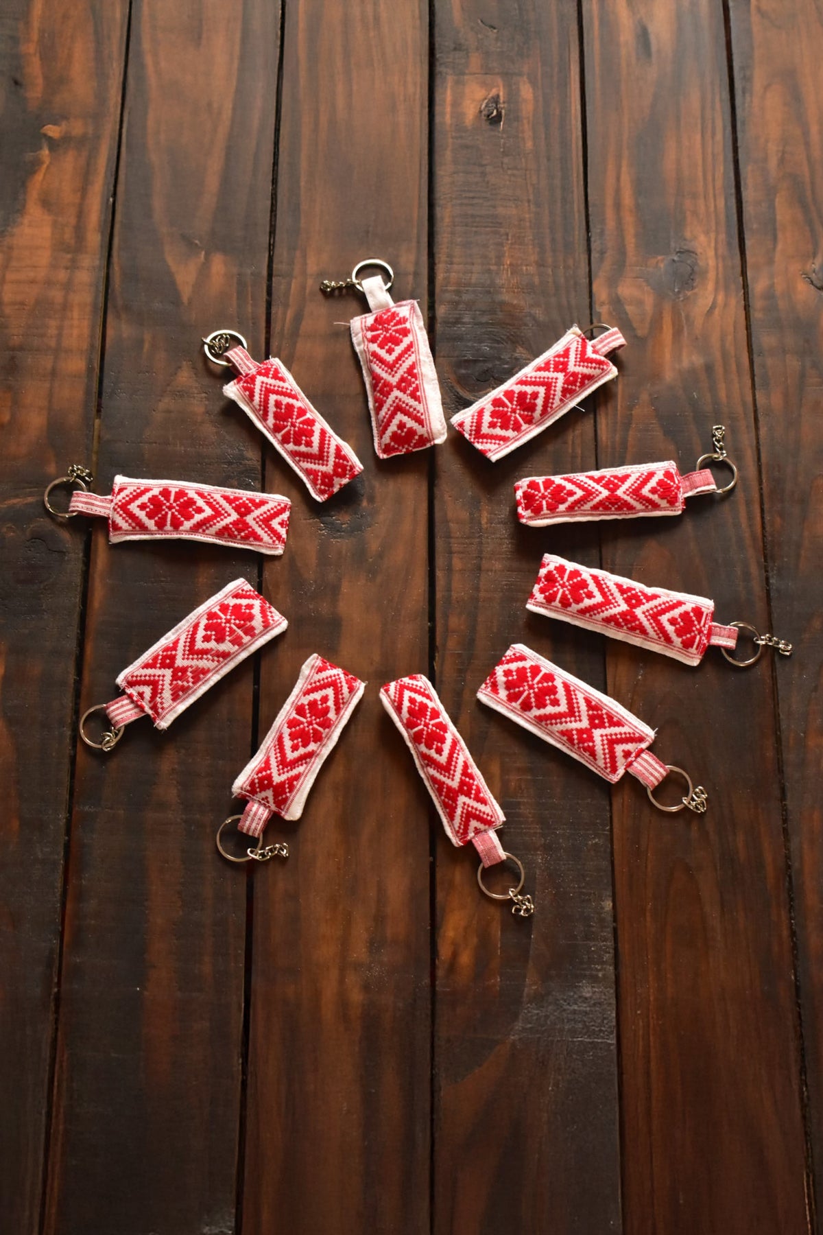 Handloom Fabric Keychain White with Red motifs