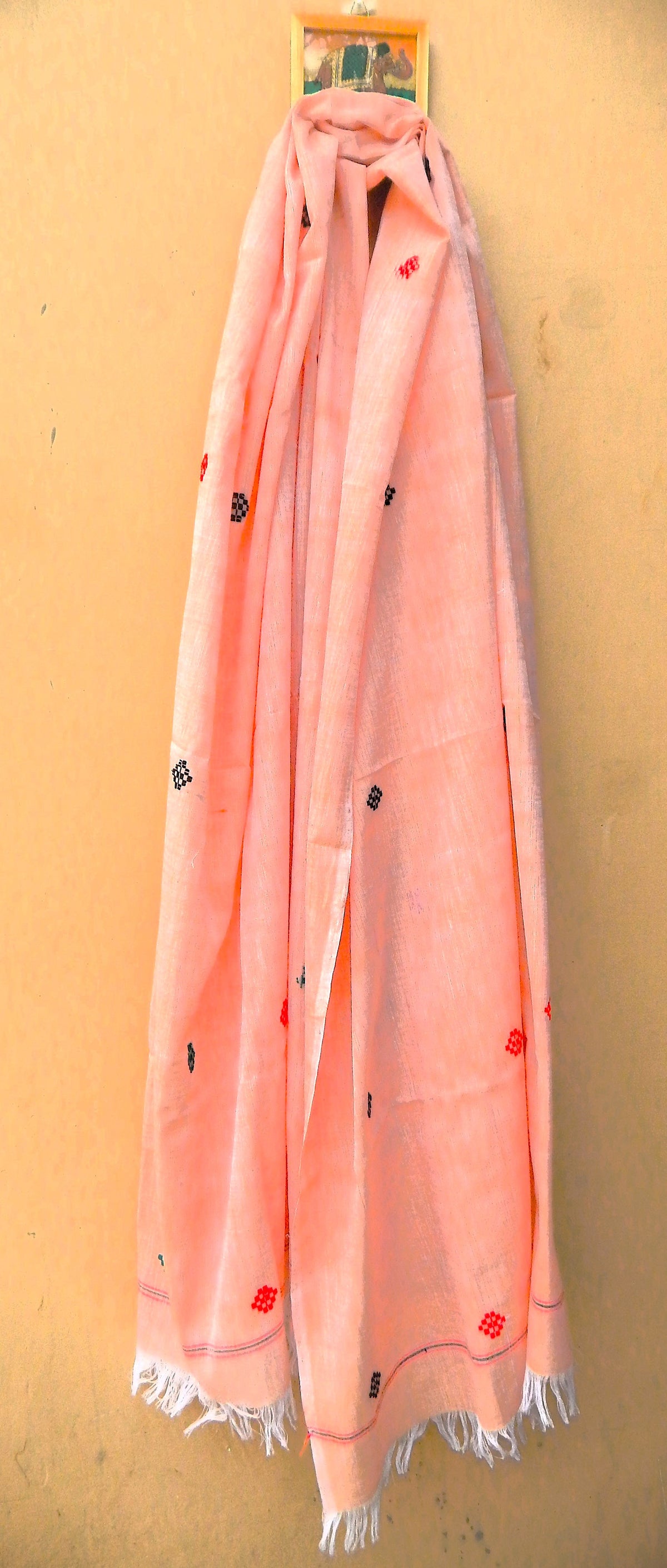 Handwoven Cotton Dupatta Light brown with Red Black and Green Motifs
