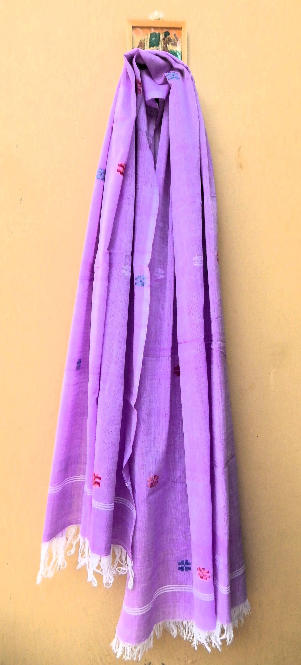 Handwoven Cotton Dupatta Lavender with White Blue and Red Motifs