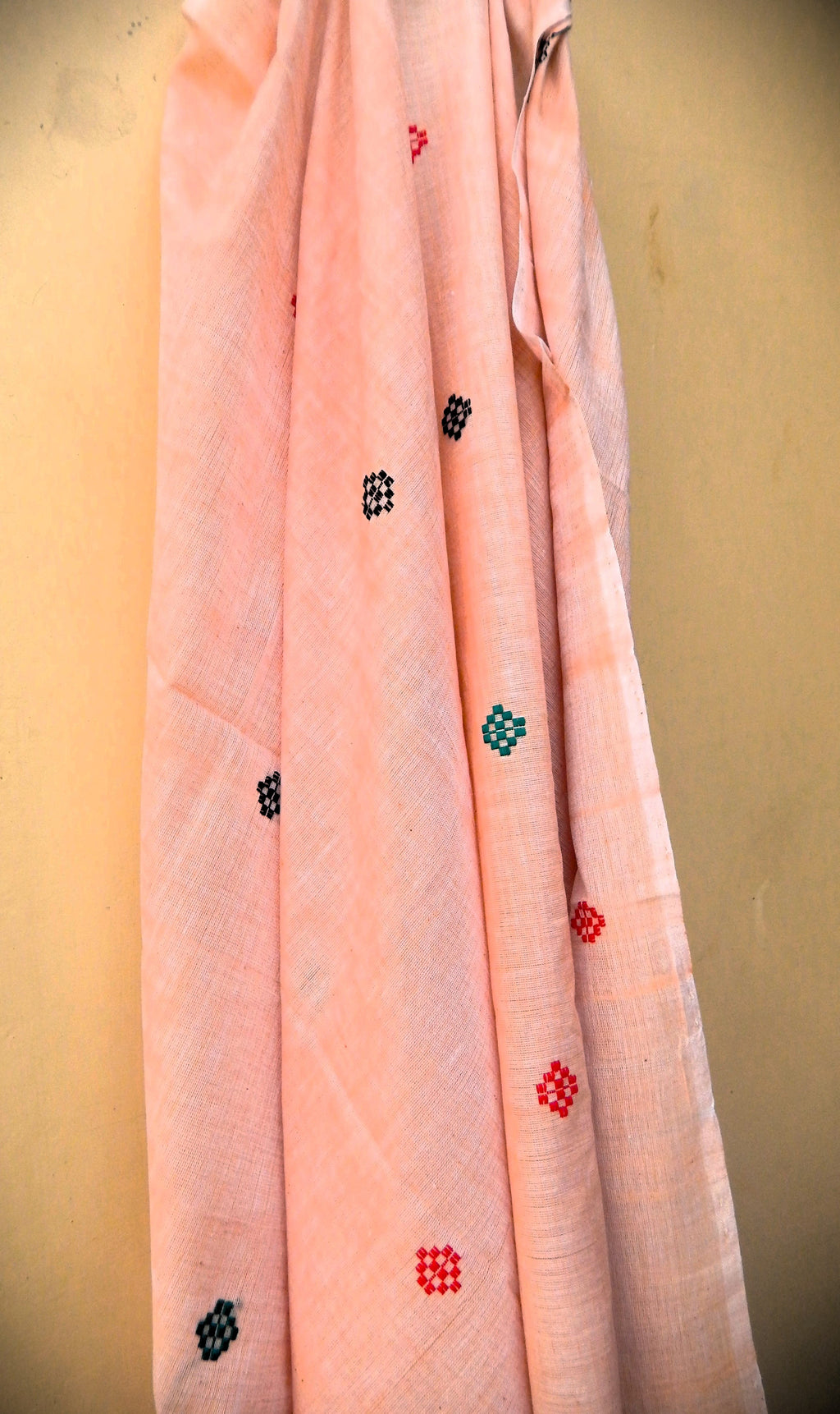 Handwoven Cotton Dupatta Light brown with Red Black and Green Motifs