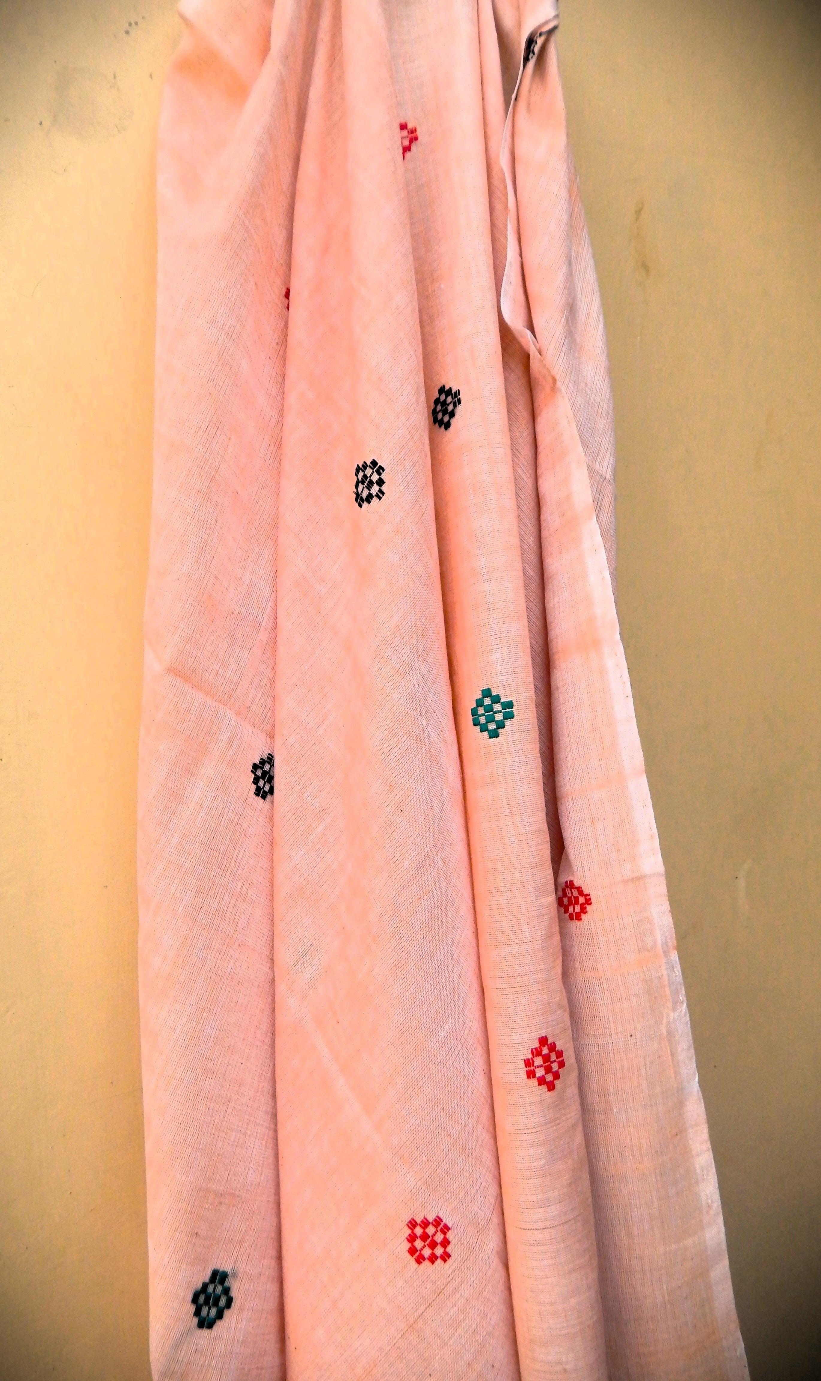 Handwoven Cotton Dupatta Light brown with Red Black and Green Motifs