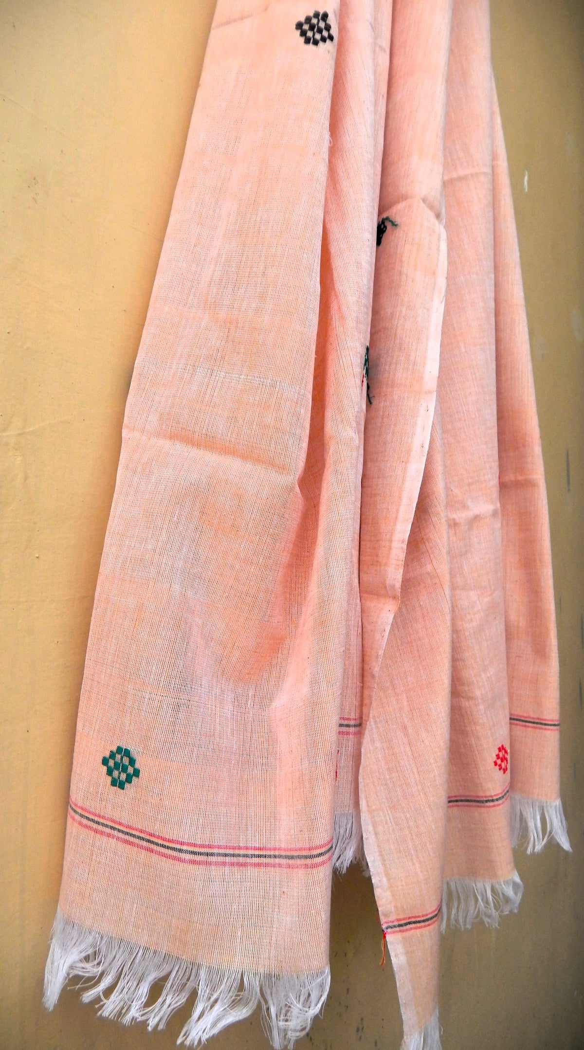 Handwoven Cotton Dupatta Light brown with Red Black and Green Motifs