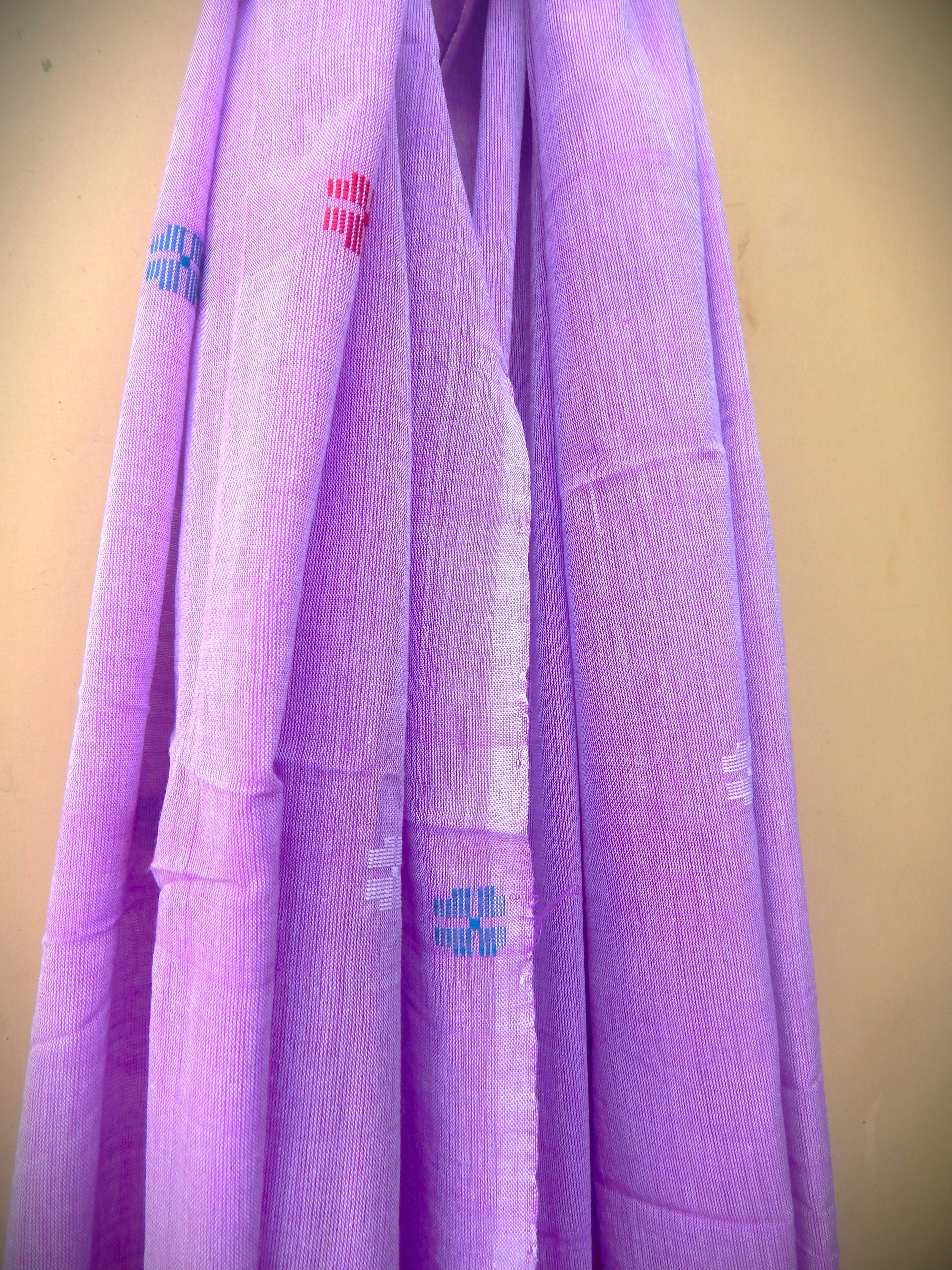 Handwoven Cotton Dupatta Lavender with White Blue and Red Motifs