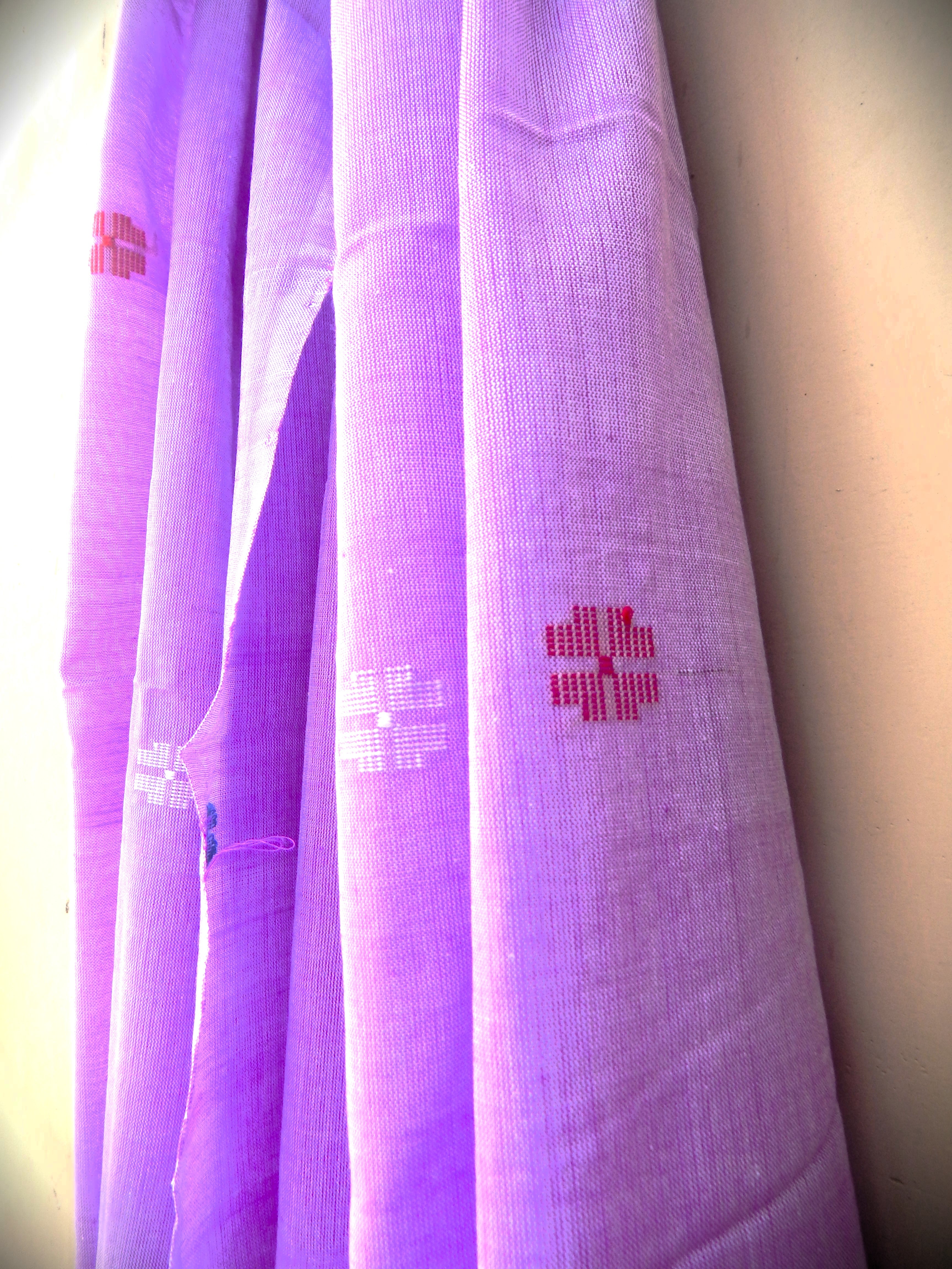 Handwoven Cotton Dupatta Lavender with White Blue and Red Motifs